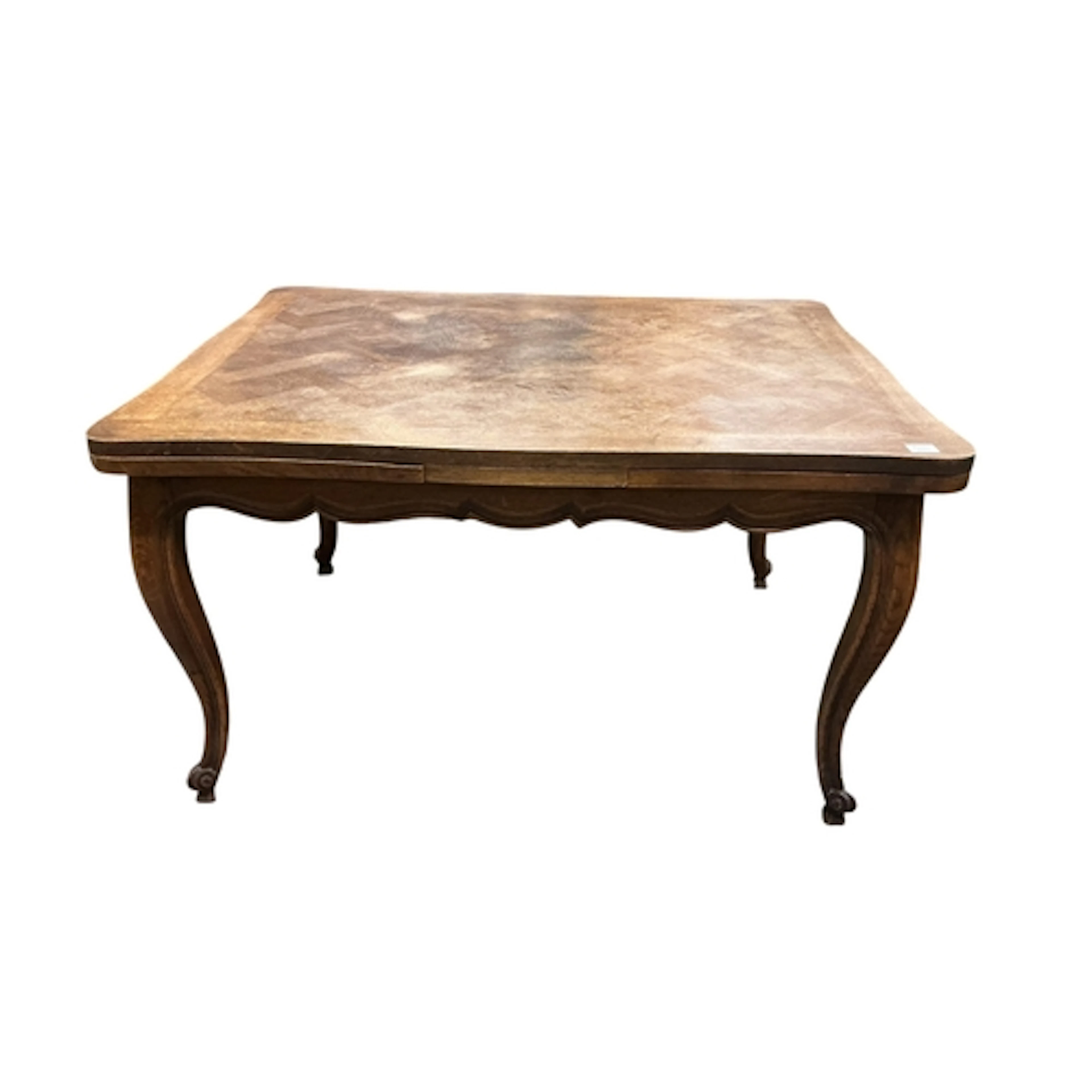 A French oak draw leaf parquetry topped table, width 223cm e...