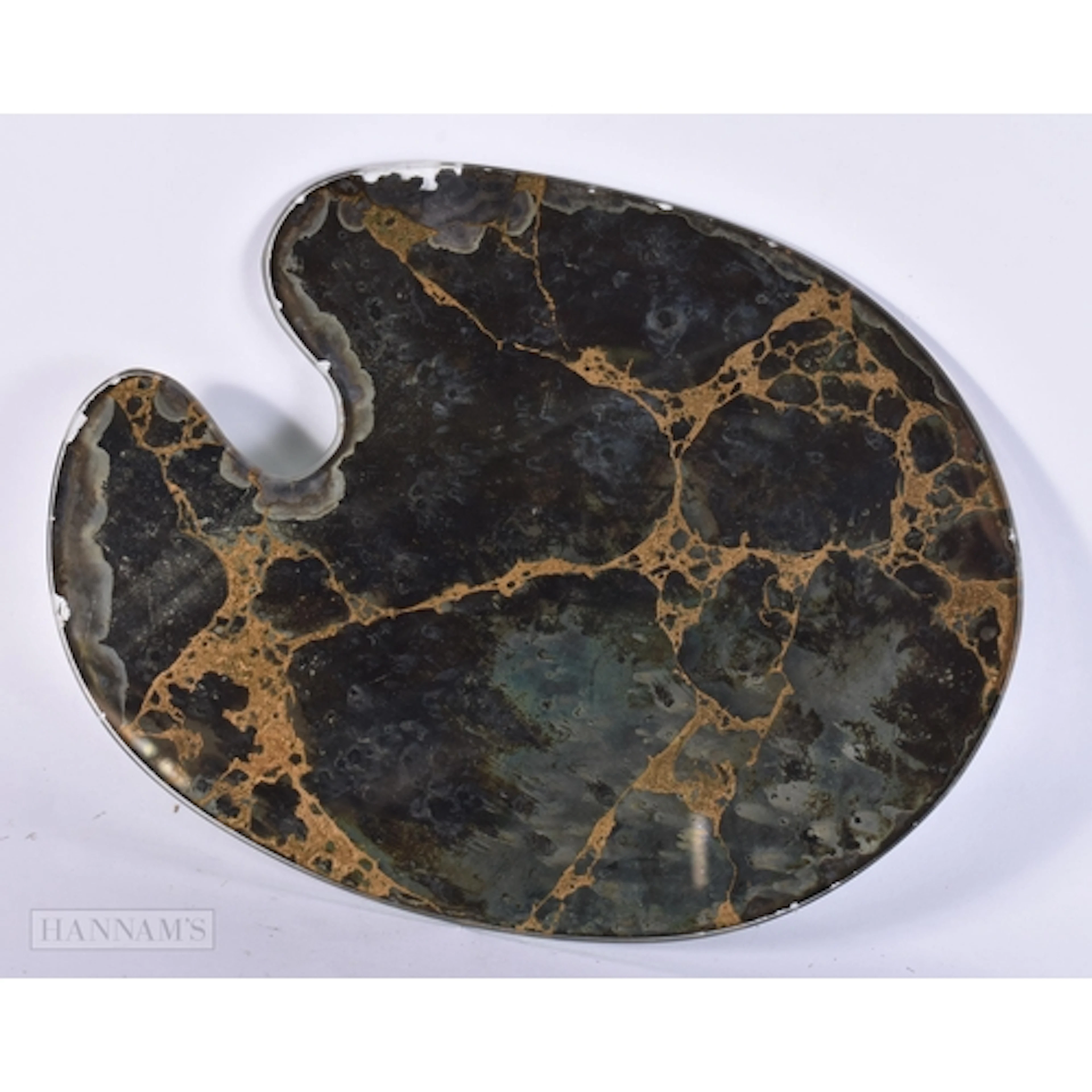 A LOVELY ANTIQUE GLASS 'ARTIST PALETTE' MIRROR. 28.5 cm x 22...