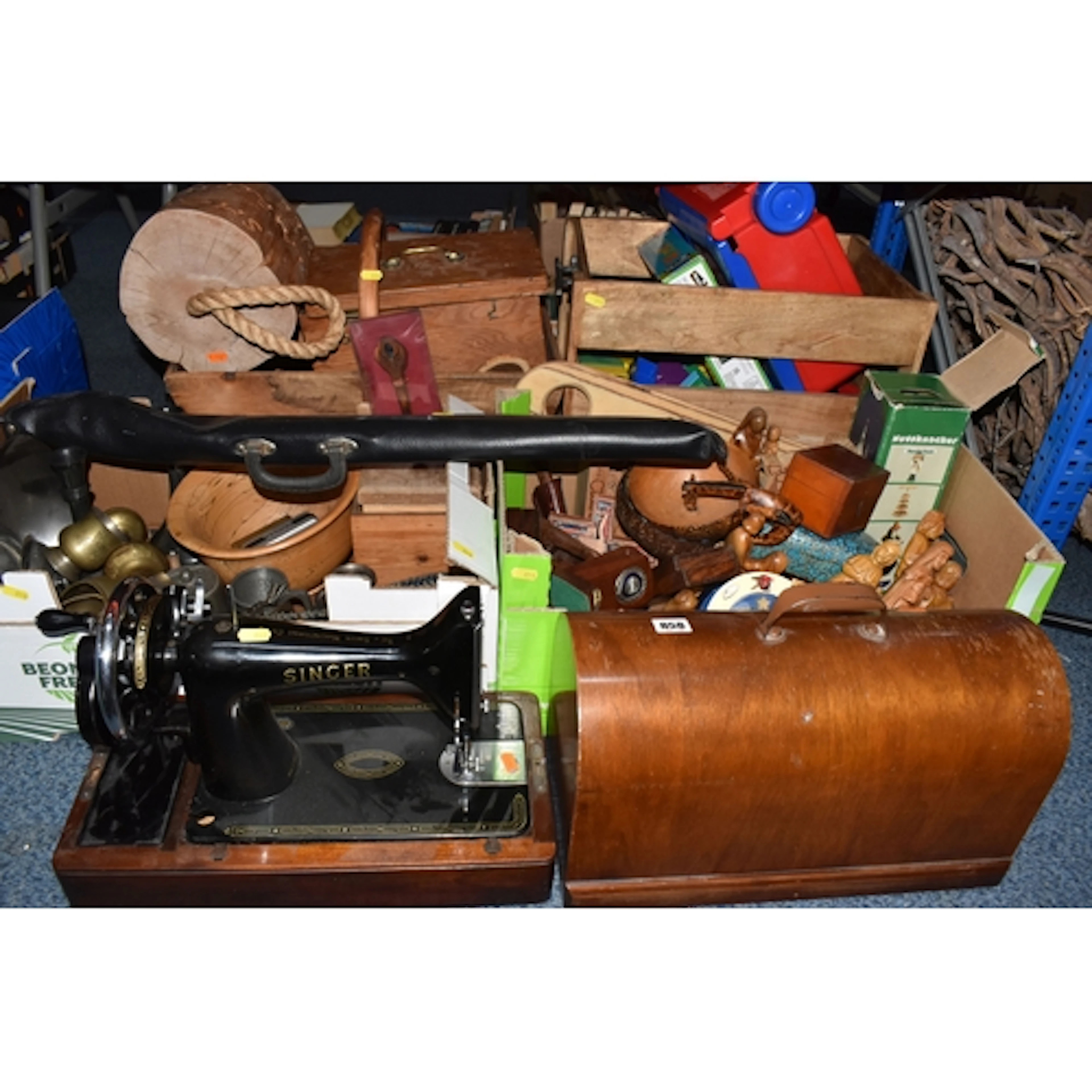 THREE BOXES AND LOOSE MOSTLY DECORATIVE TREEN AND METALWARE,...