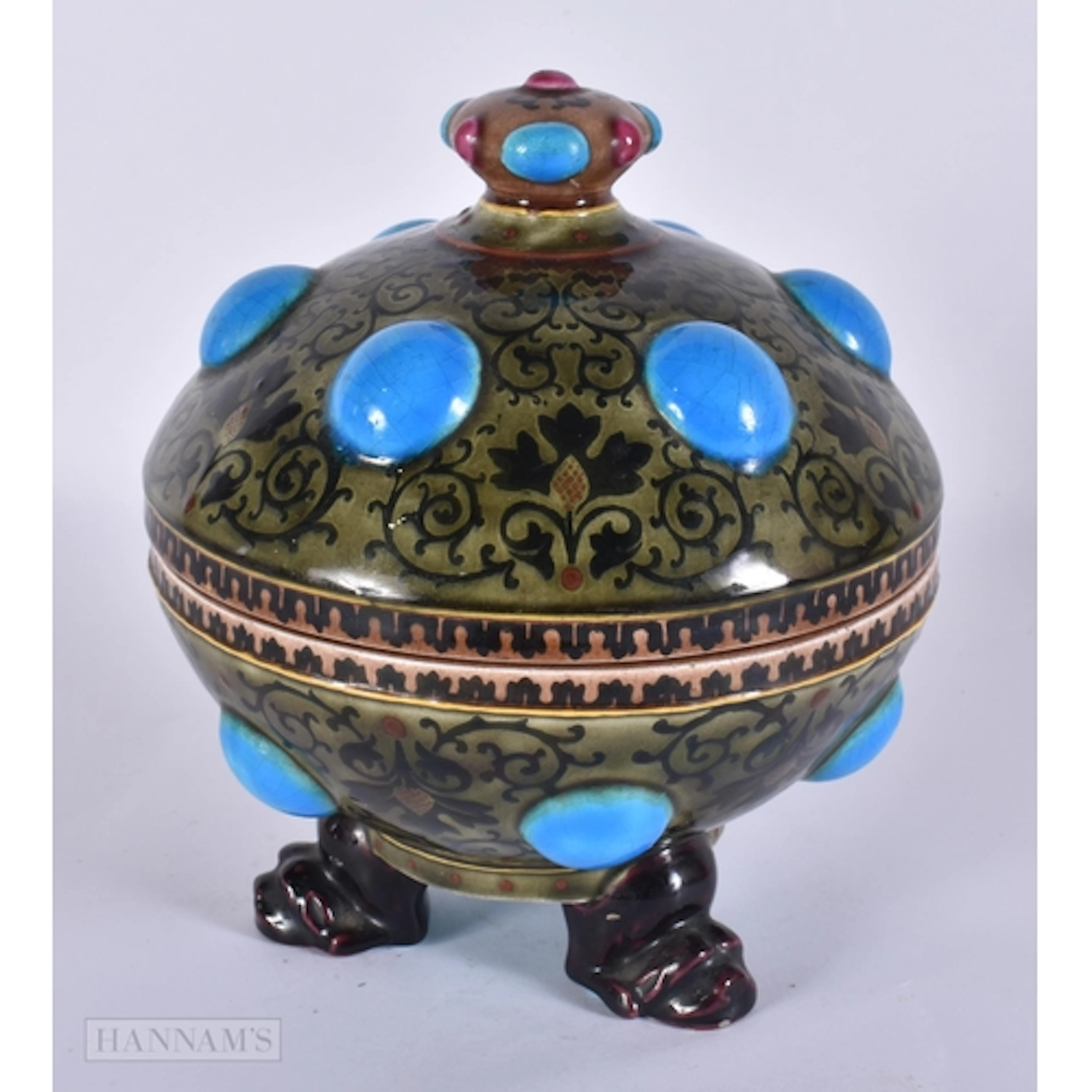 AN UNUSUAL 19TH CENTURY ARTS AND CRAFTS POTTERY BOWL AND COV...