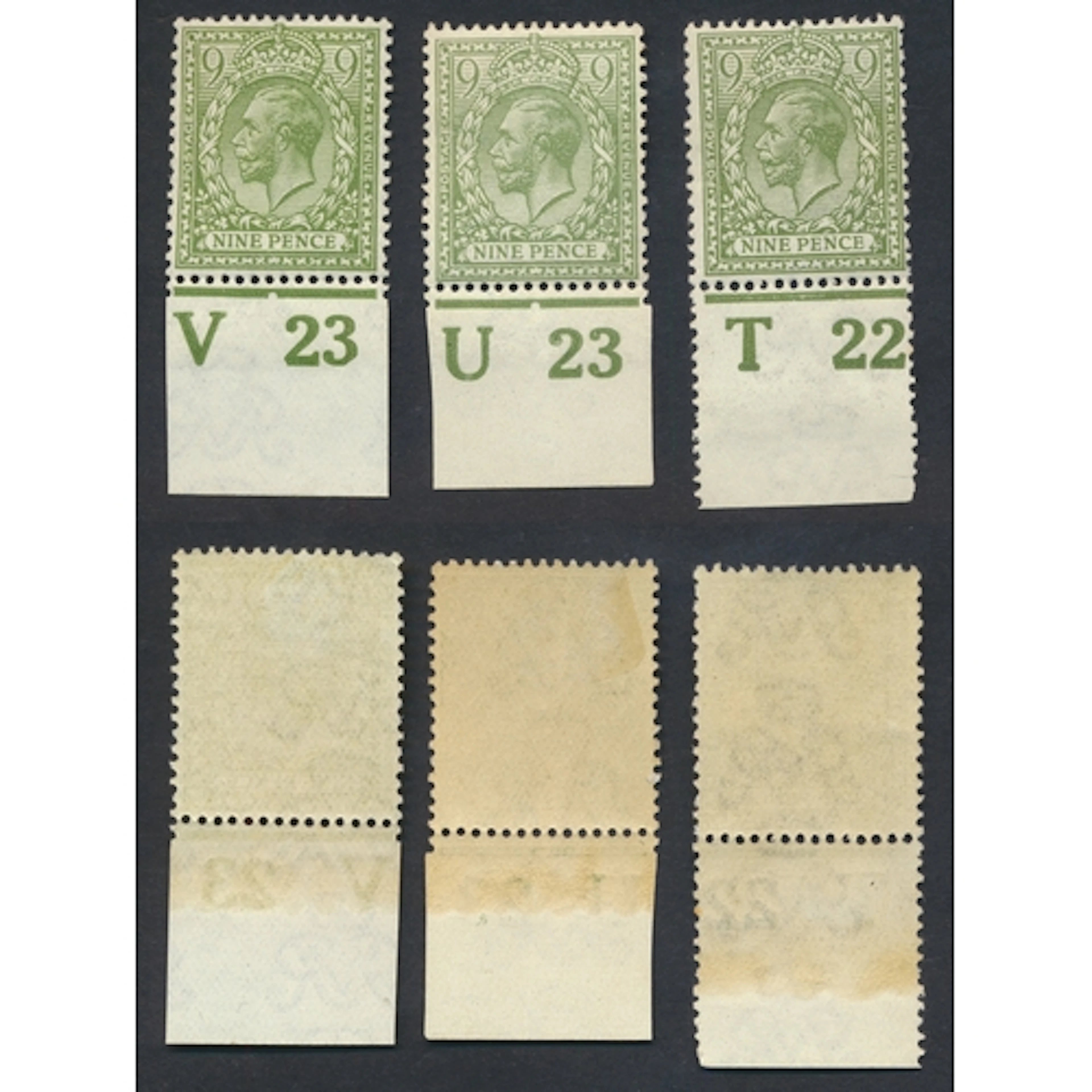 1912-24 9d olive-green controls T23. U23. and W.23 M. (SG 39...