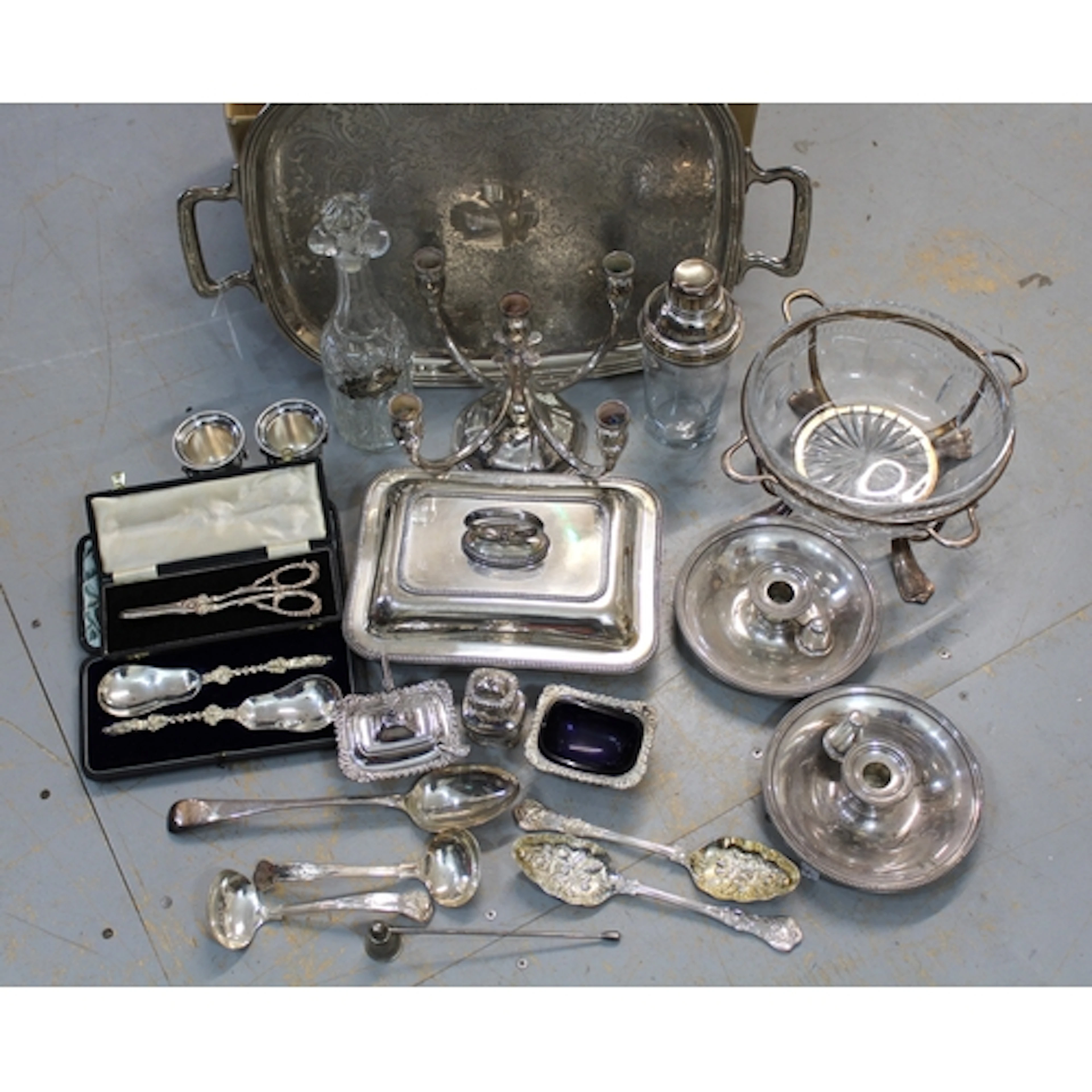 Box containing a quantity of various silver plated items, in...