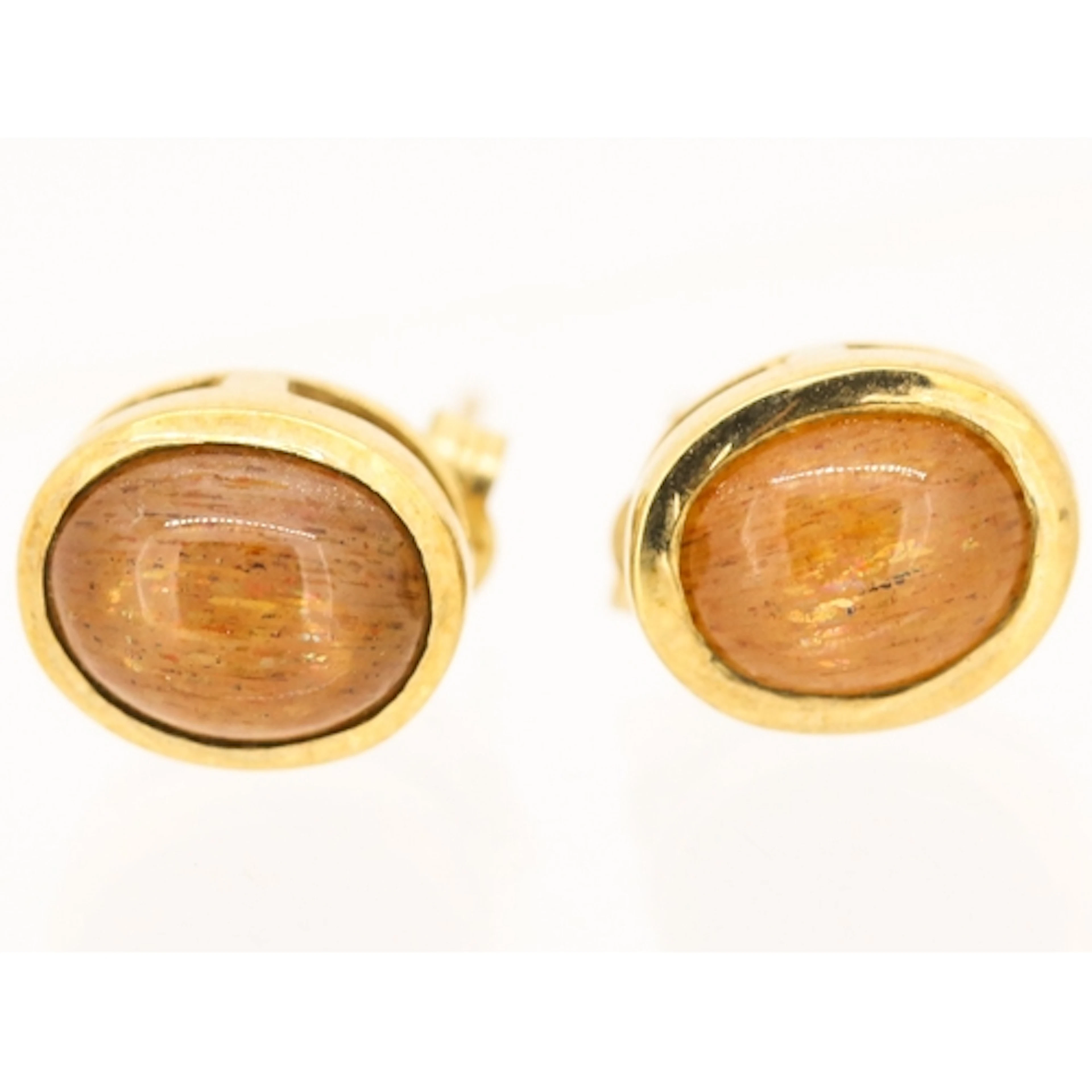 Pair of Polished Cabochon Sunstone Set Earrings Mounted in 9...