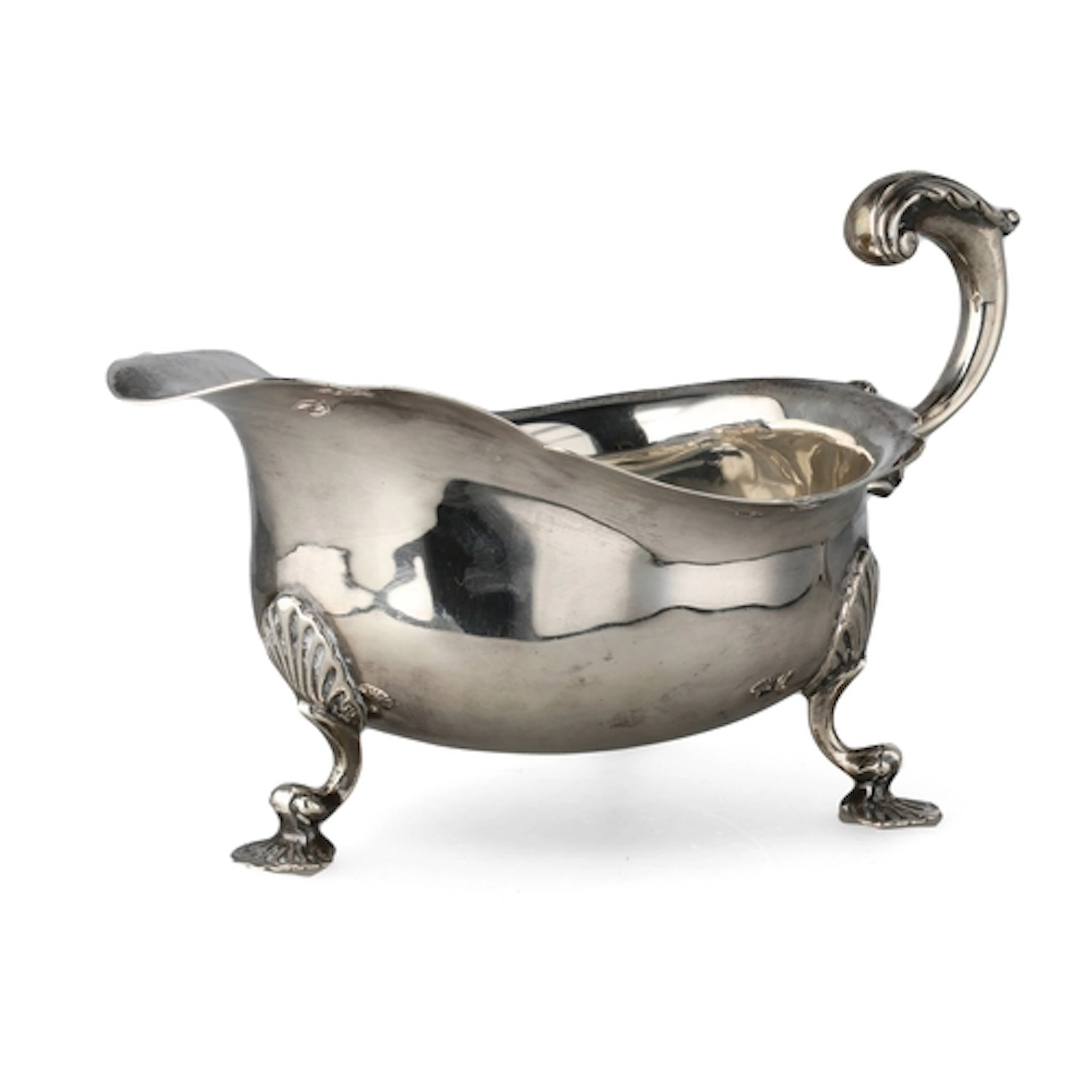 A LARGE GEORGE II STYLE SILVER HELMET SHAPE SAUCE BOAT, WAKE...