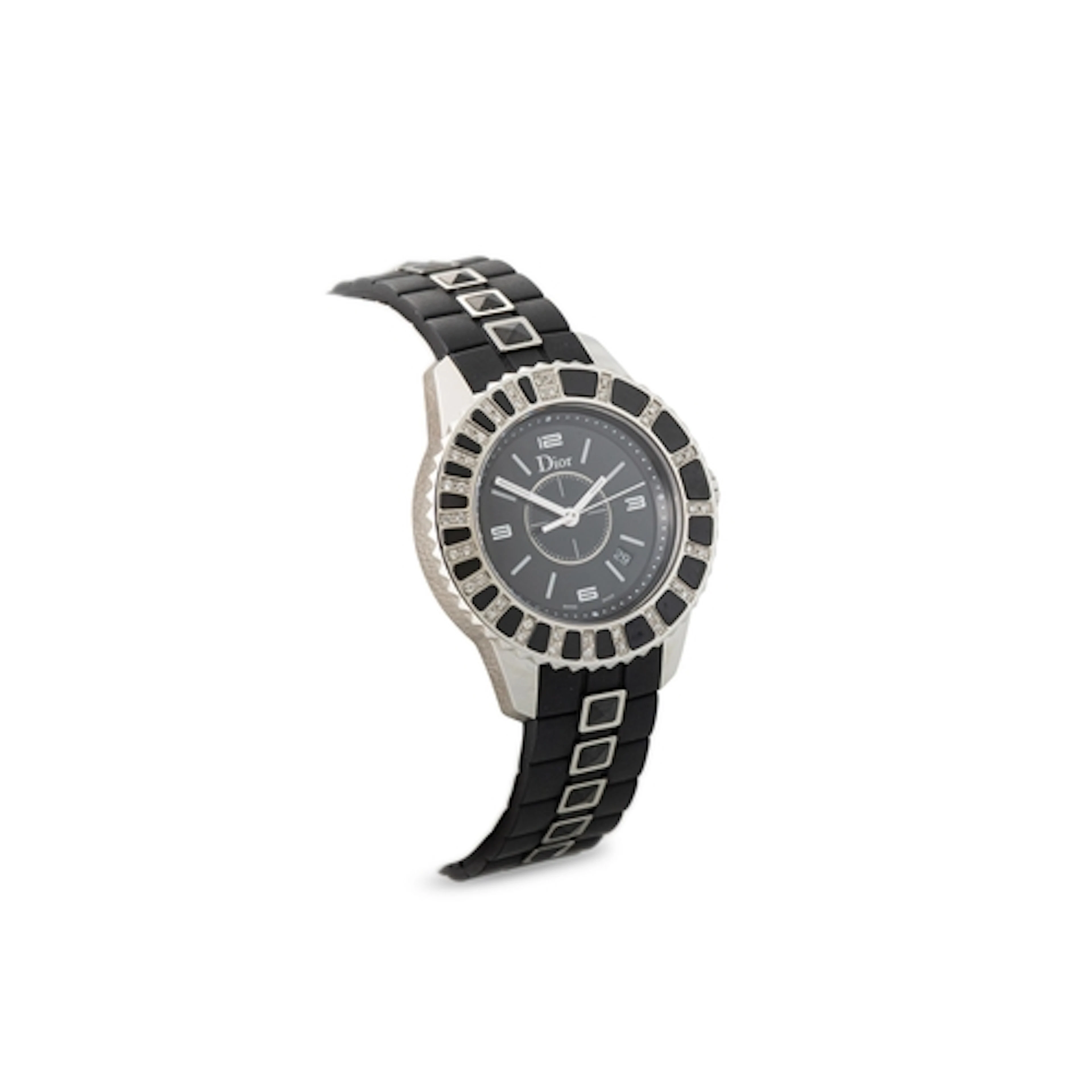 A LADY'S DIAMOND SET DIOR WRISTWATCH, black face with black ...