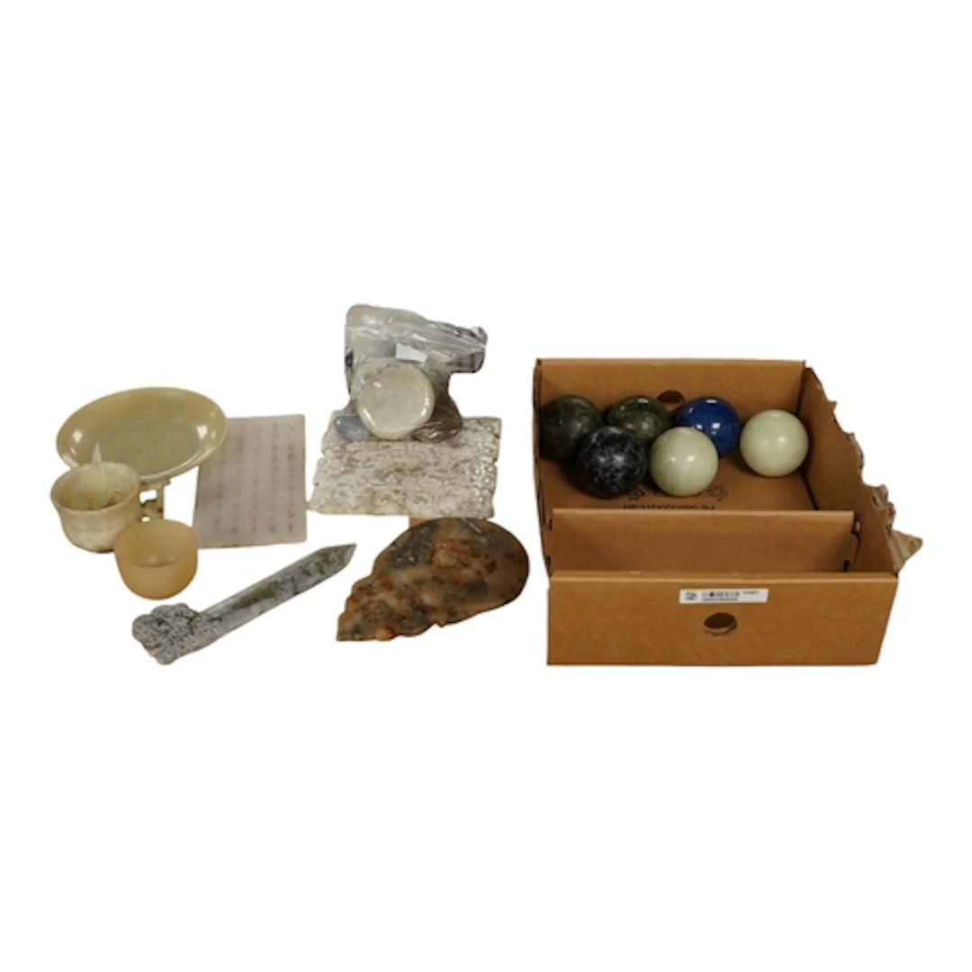 Six hardstone carved spheres, 5cm in diameter together with ...