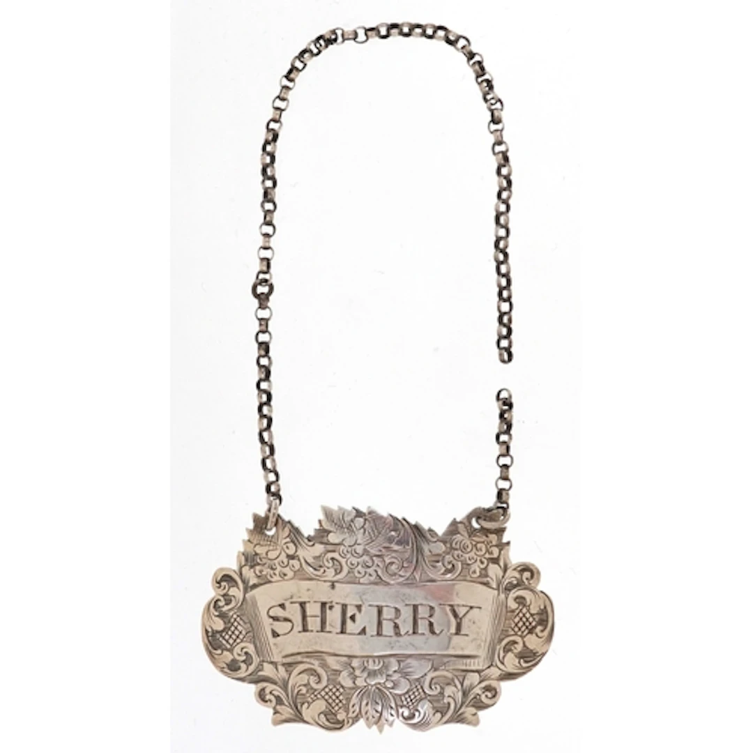 George Unite, Victorian silver sherry decanter label with en...