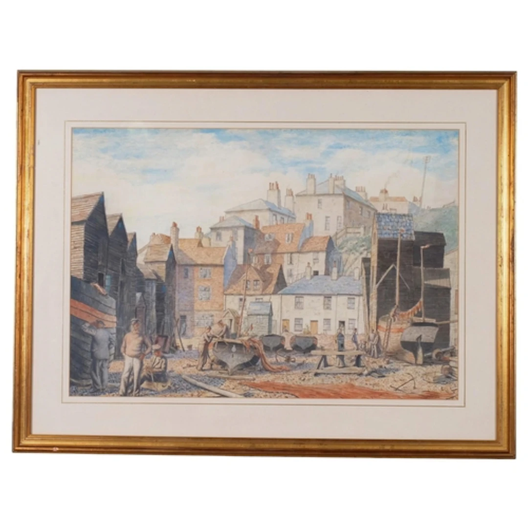 George Charlton (1899 - 1979), Hastings fishing beach scene,...