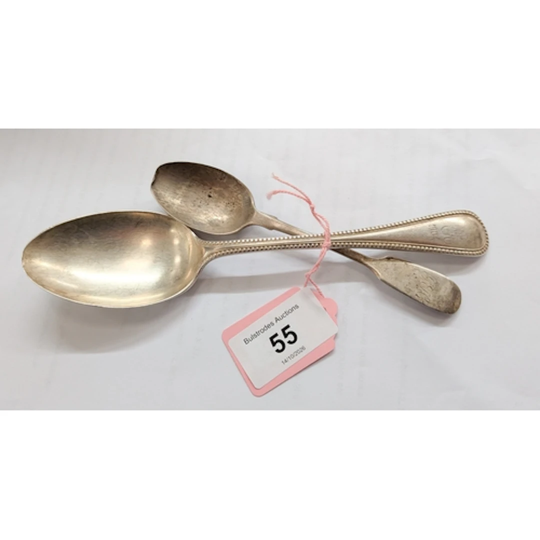 A hallmarked silver dessert spoon and a tea spoon, 2.6 troy ...