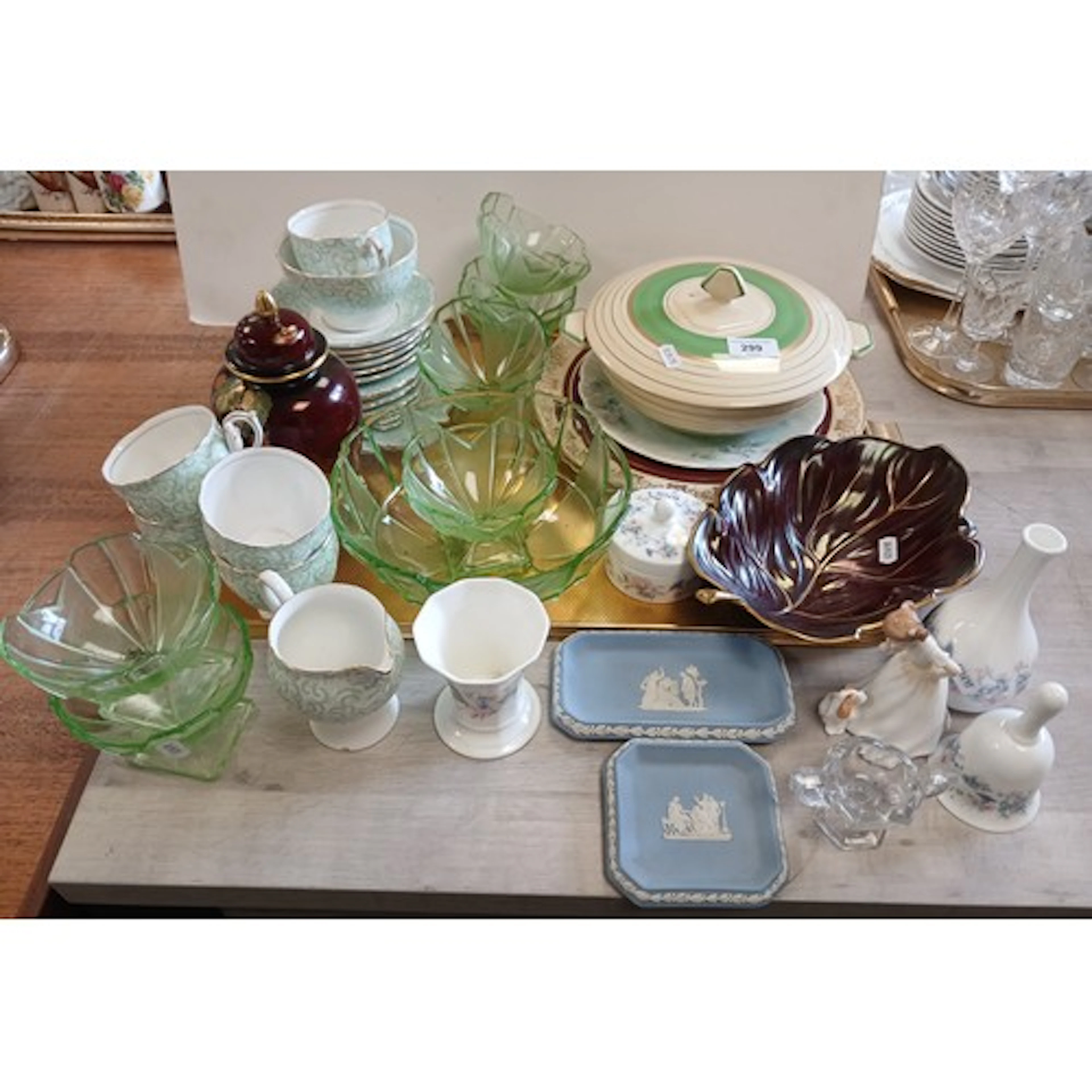 Two Wedgwood blue jasper ware dishes, English bone china tea...
