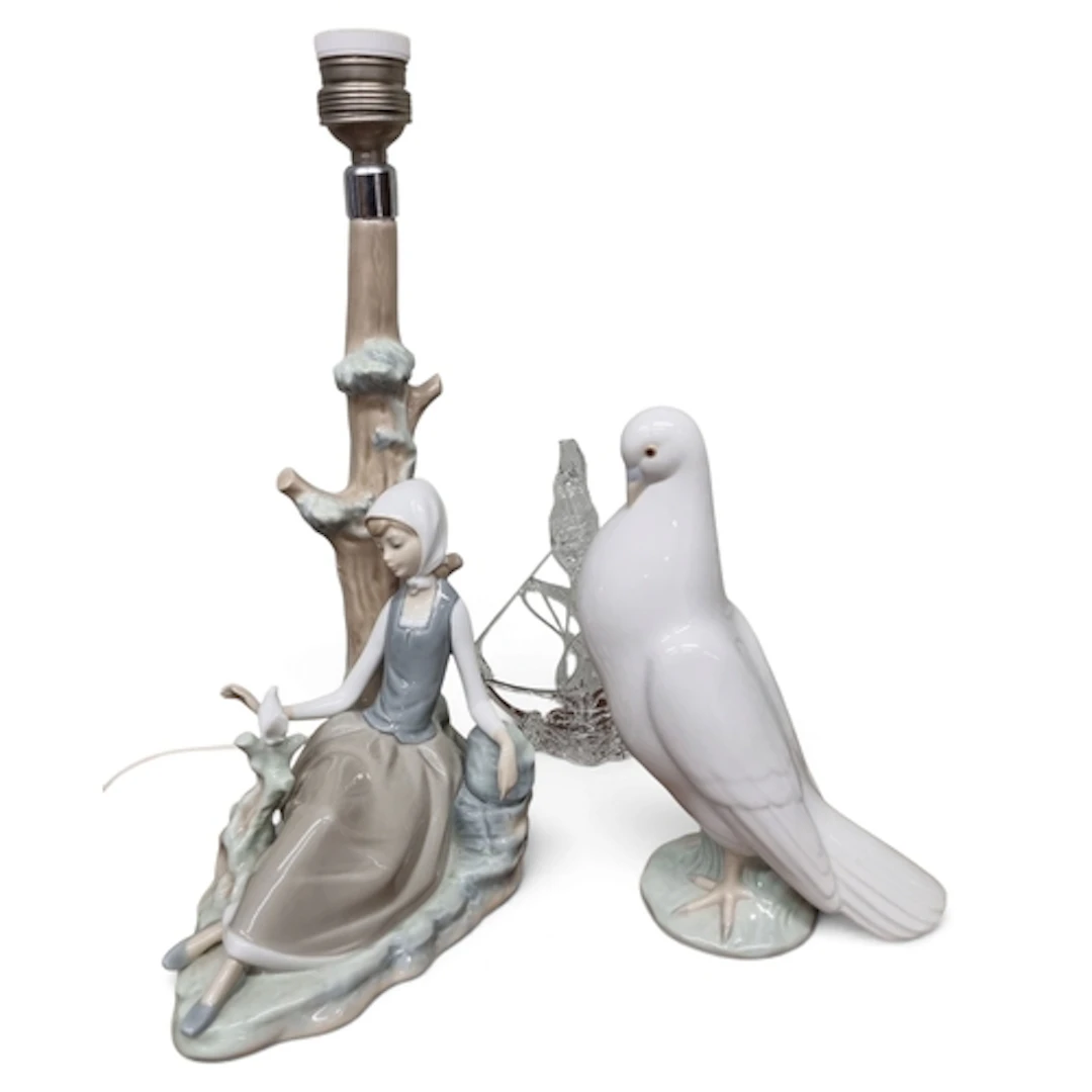 A Lladro Table Lamp depicting a Girl sitting on a tree stump...