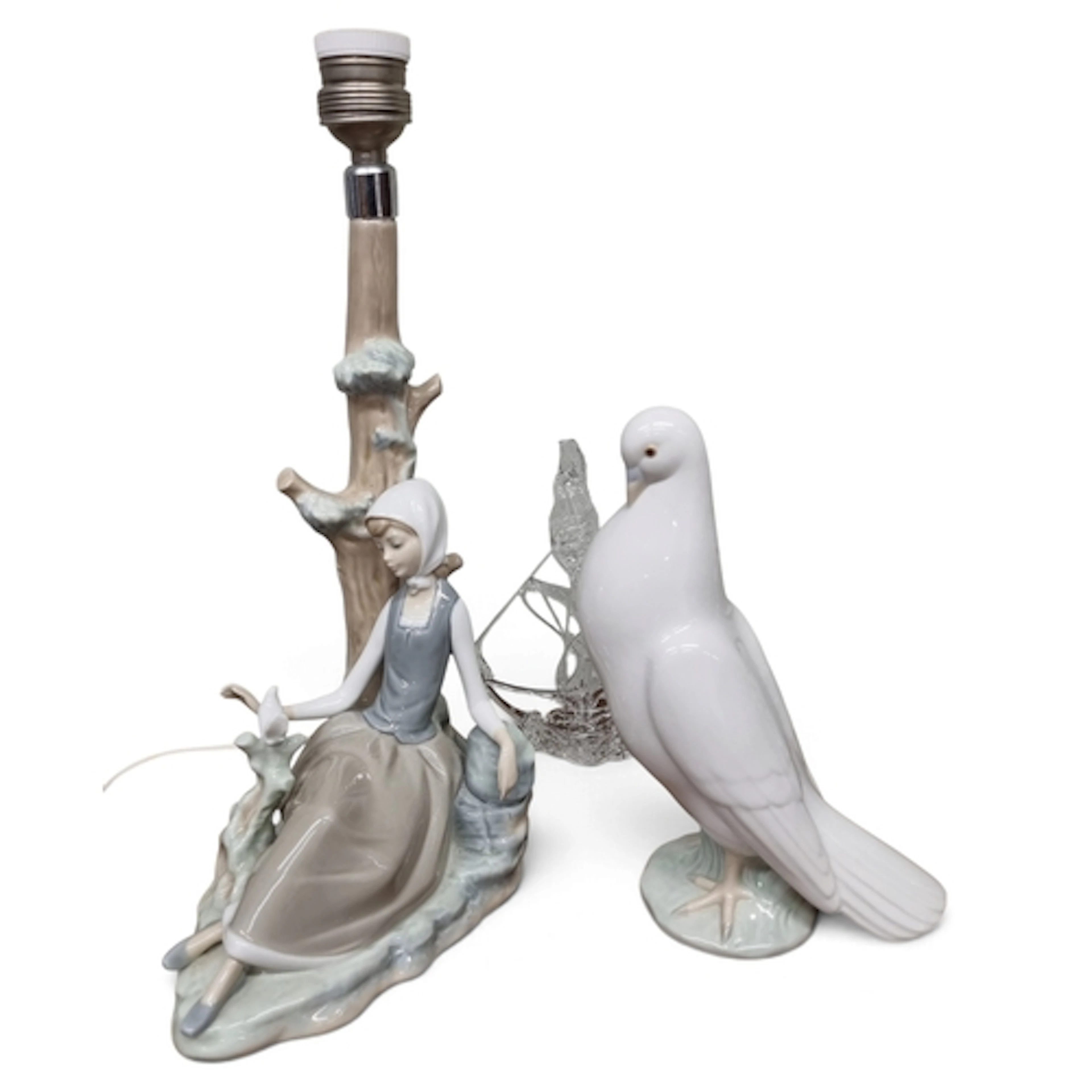 A Lladro Table Lamp depicting a Girl sitting on a tree stump...