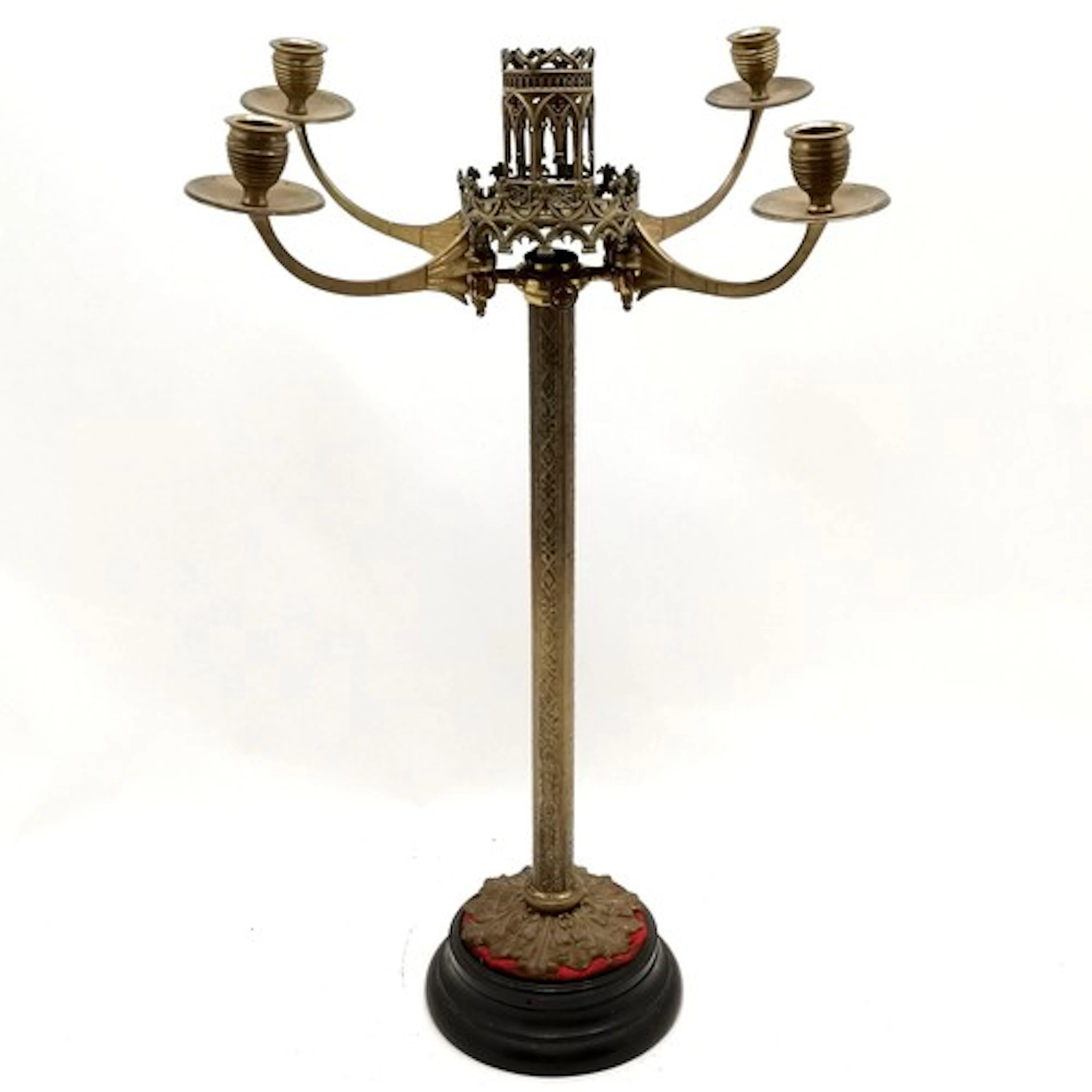 Antique gothic 4 branch candelabra and has wooden base - tot...
