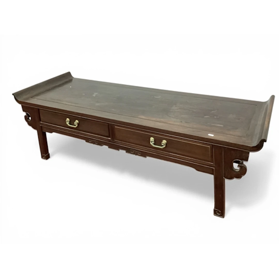 Chinese Hardwood Coffee Table with curved ends, twin drawers...