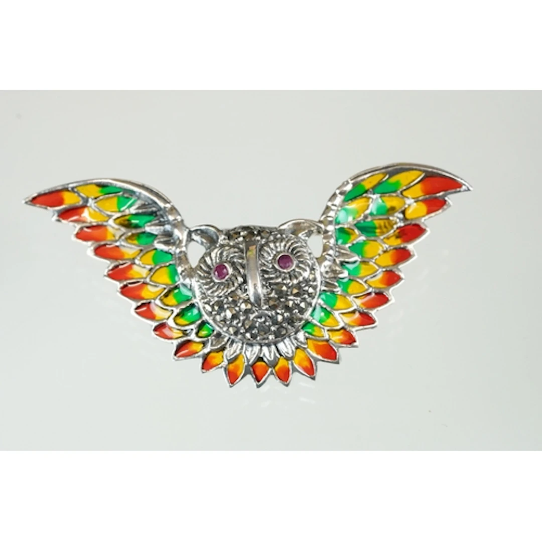 Silver and plique a jour owl brooch, 5.5cm wide