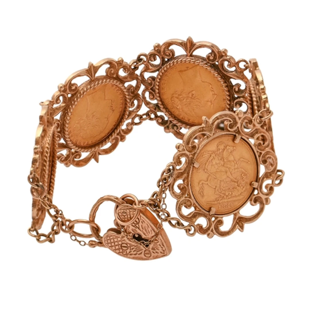 Gold coins. A 9ct gold bracelet and padlock set with five Vi...