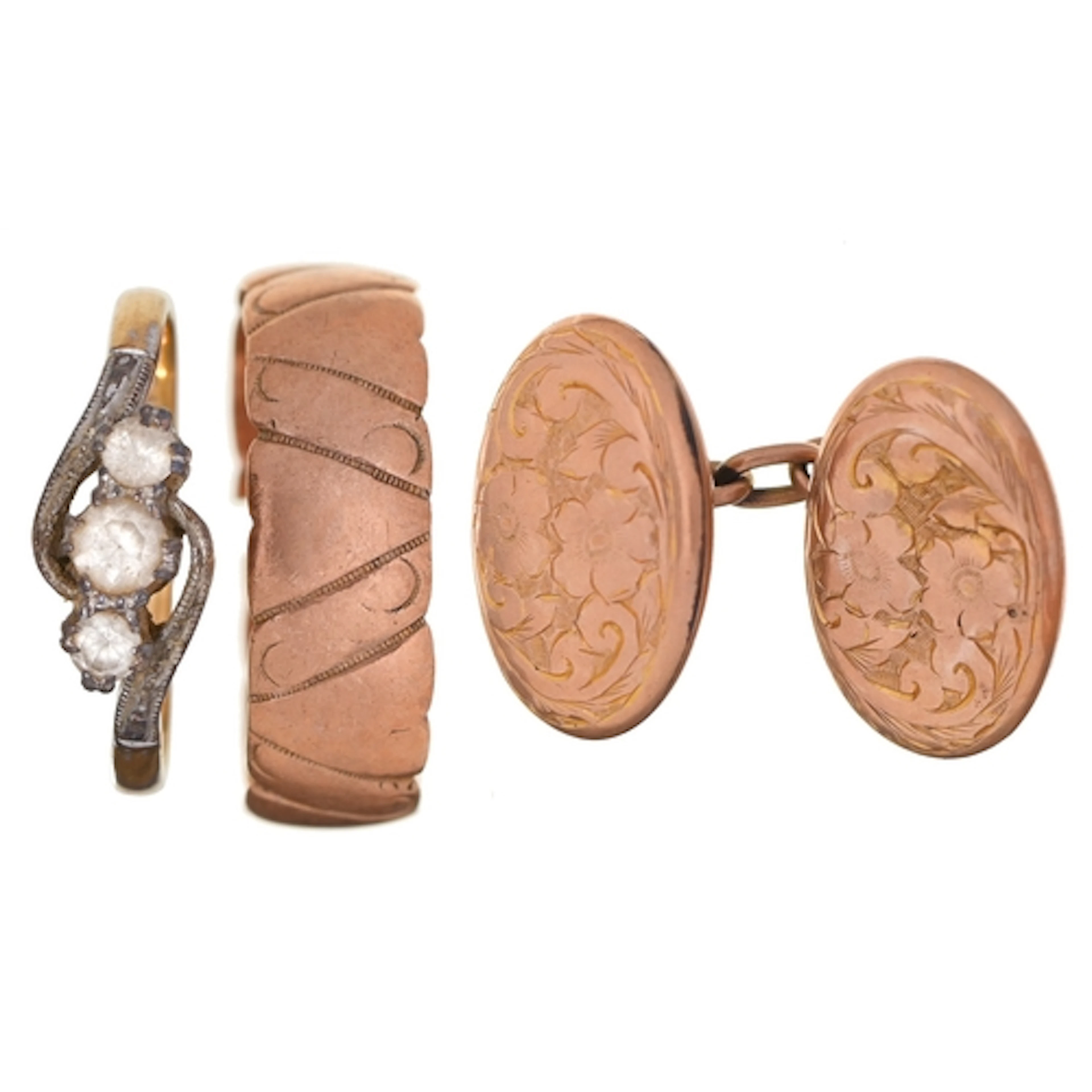 A 9ct gold ring, a 9ct gold cufflink and a diamond ring, gol...