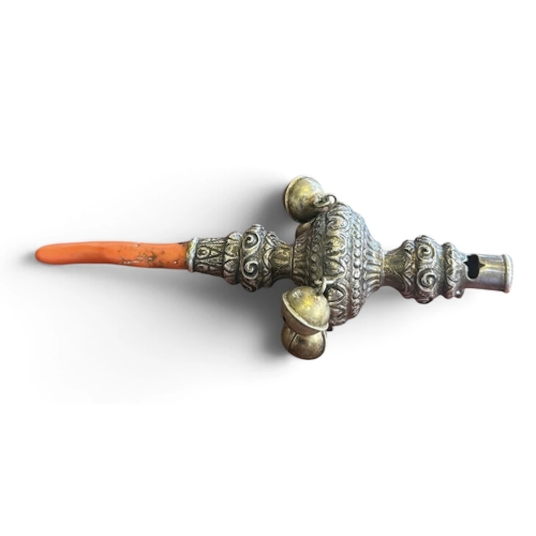 A VICTORIAN SILVER FOLIATE EMBOSSED RATTLE AND WHISTLE WITH ...