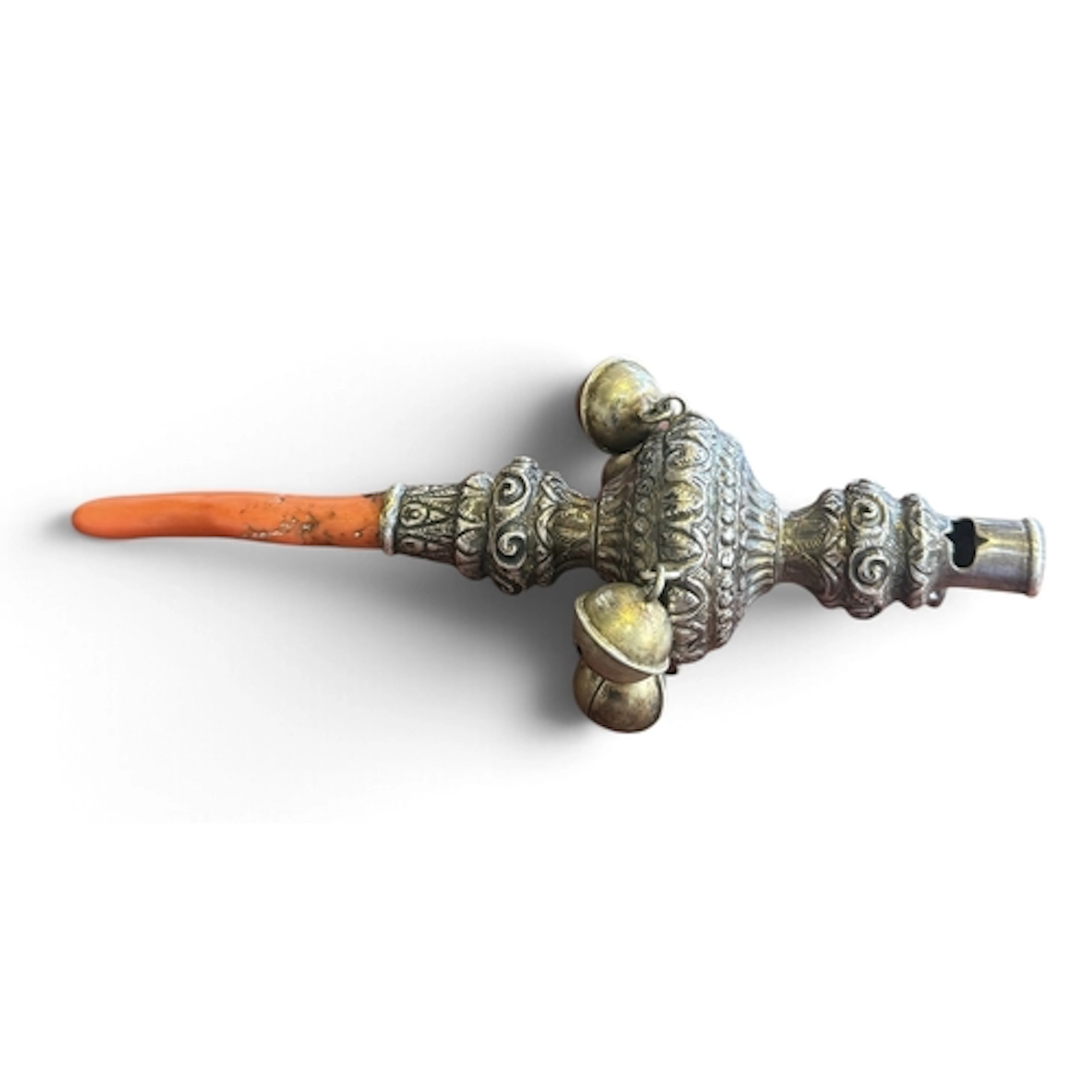 A VICTORIAN SILVER FOLIATE EMBOSSED RATTLE AND WHISTLE WITH ...