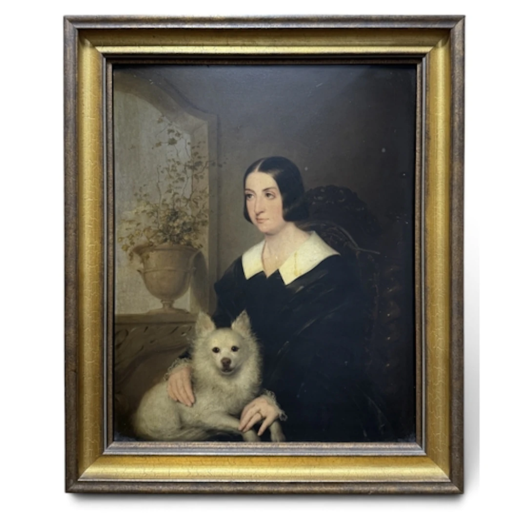 A MID-19TH CENTURY PORTRAIT OF A LADY WITH WHITE DOG Oil on ...