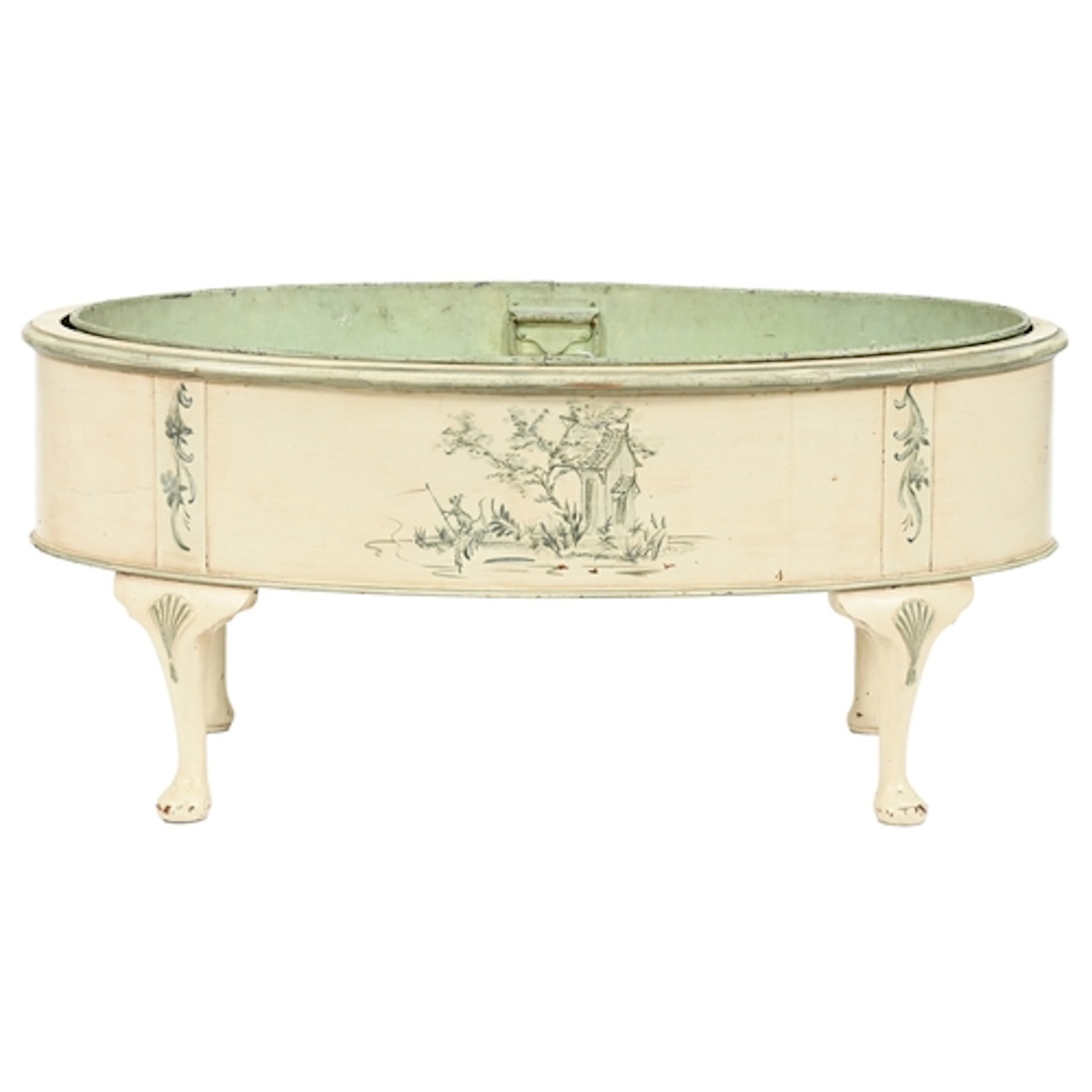 An oval painted wood jardiniere, with 18th c style chinoiser...