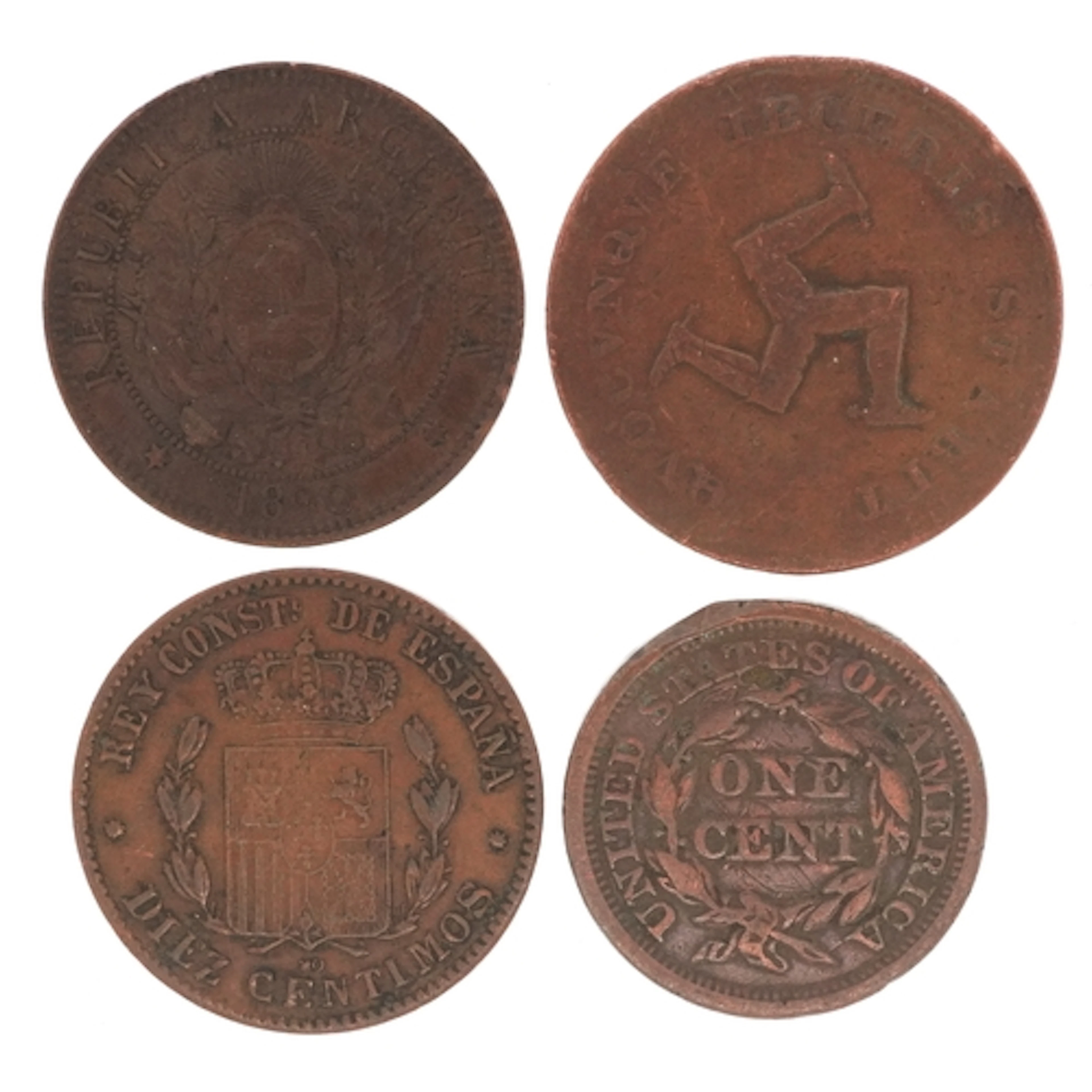 Four 19th century copper world coins comprising a USA 1846 l...