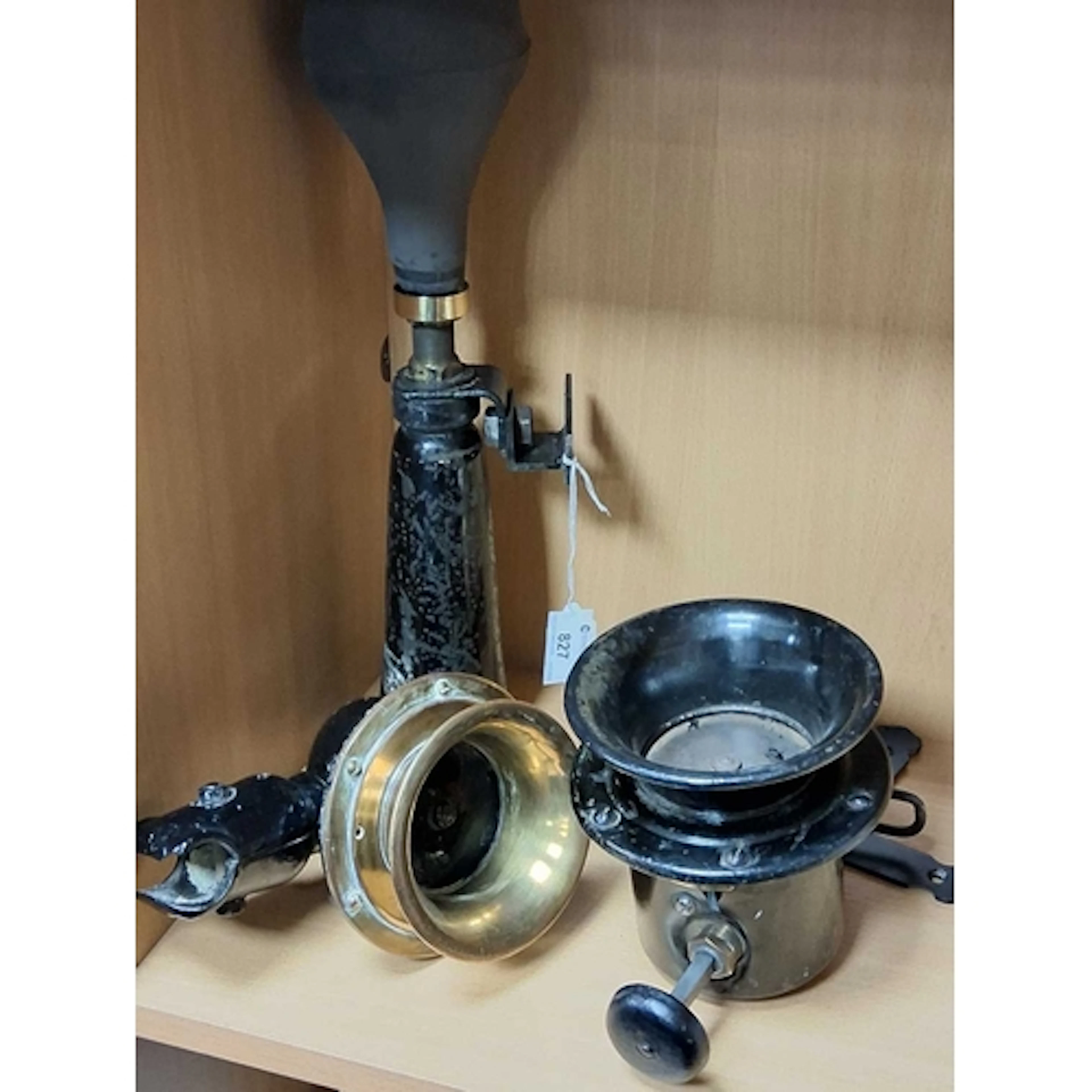 A GROUP OF VINTAGE VEHICLE HORNS, one marked Cowey, another ...