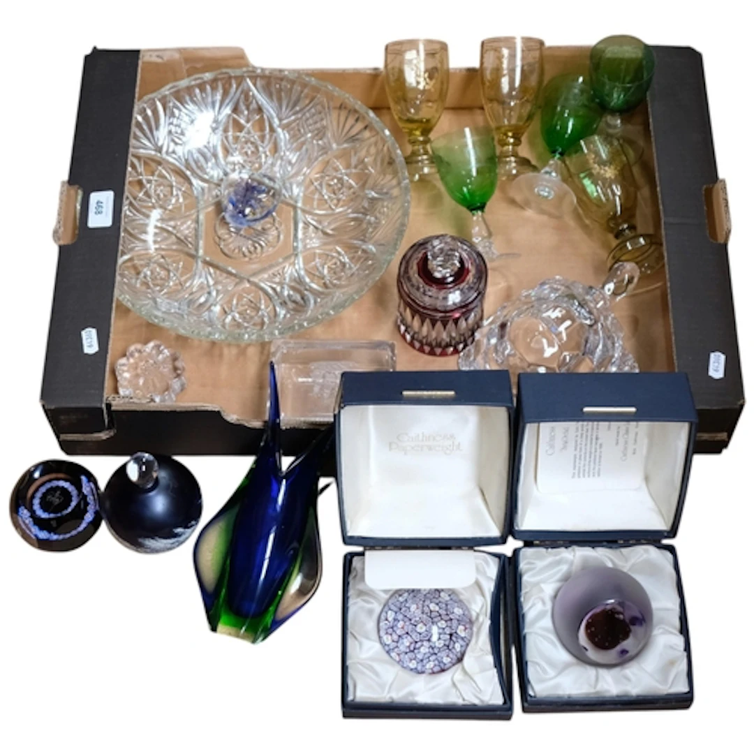 Boxed Caithness paperweights, and another, scent flask, tort...