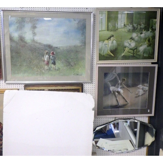Two ballet prints, a large print of children fishing & a fra...
