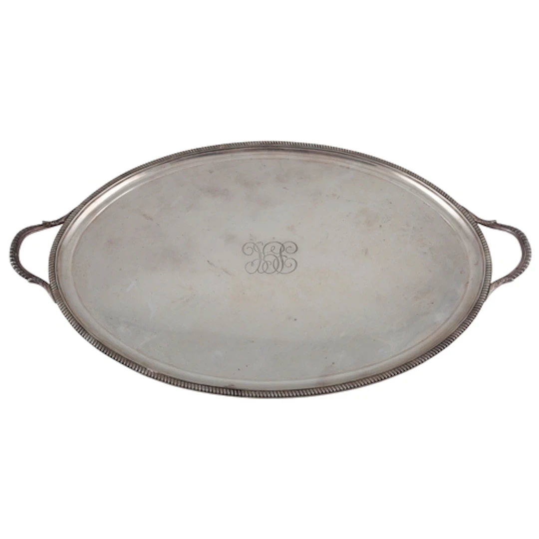 A George V silver two handled oval tea tray, maker's mark ru...