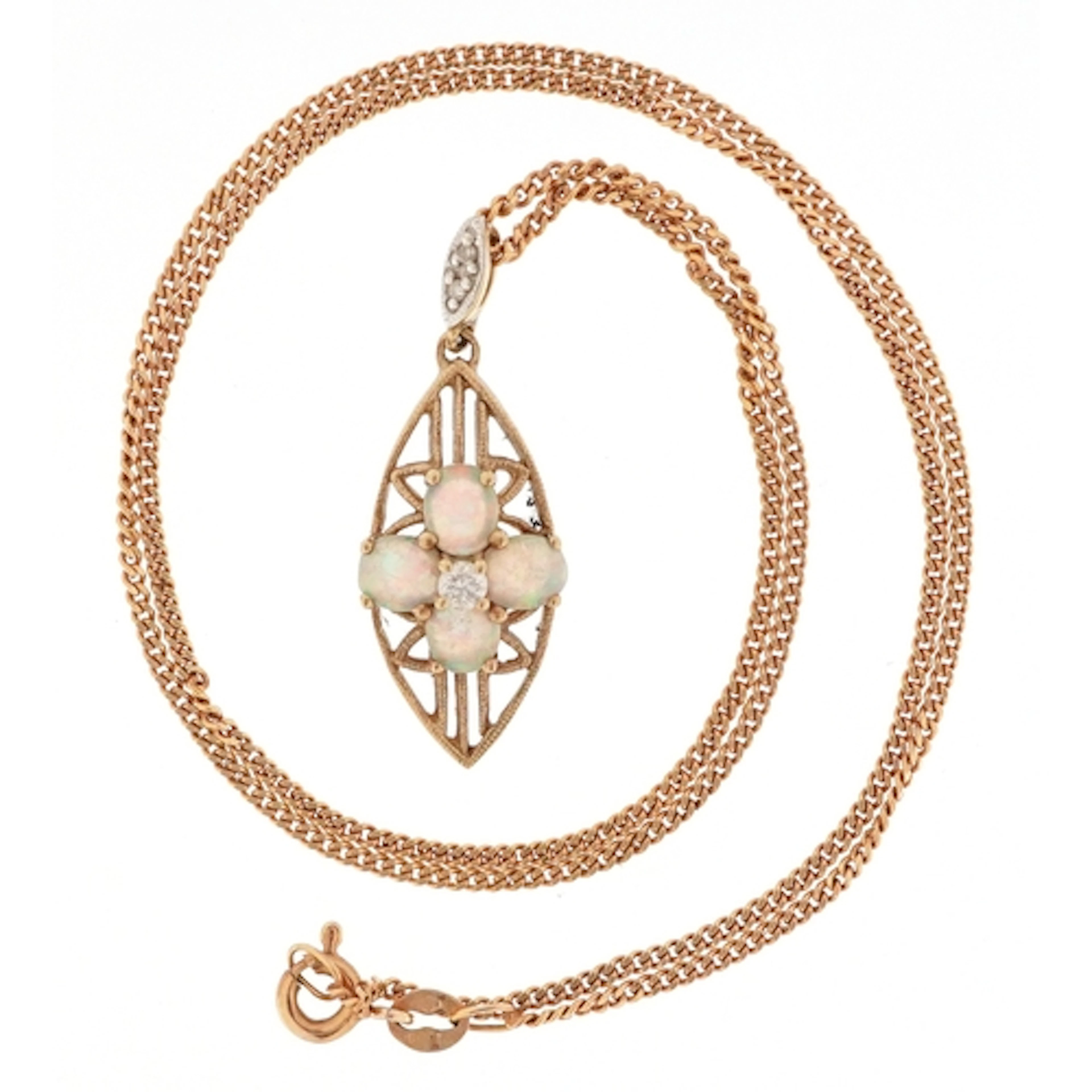9ct gold diamond and opal openwork pendant on a 9ct gold nec...