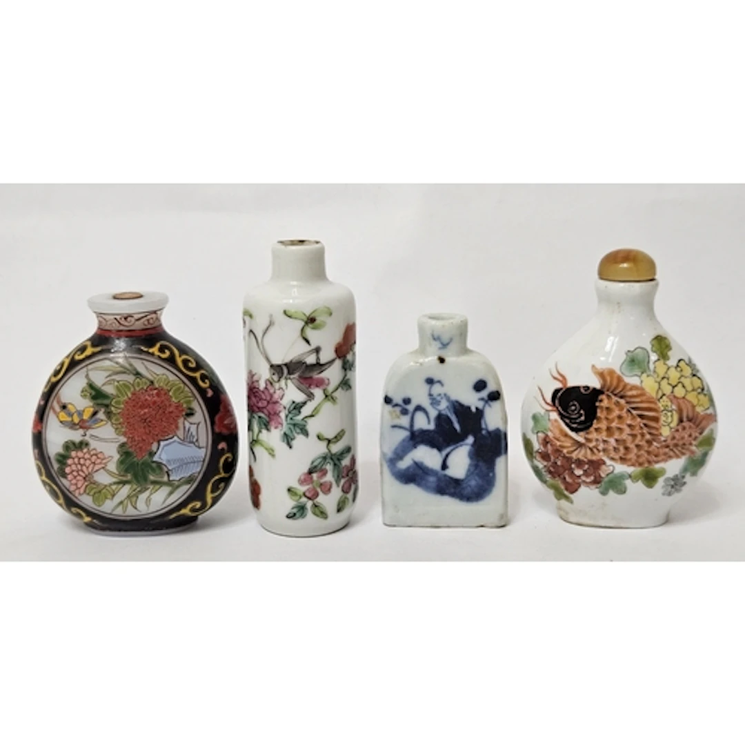 4 Chinese Snuff Bottles, 3 porcelain, 1 glass, 2 with charac...