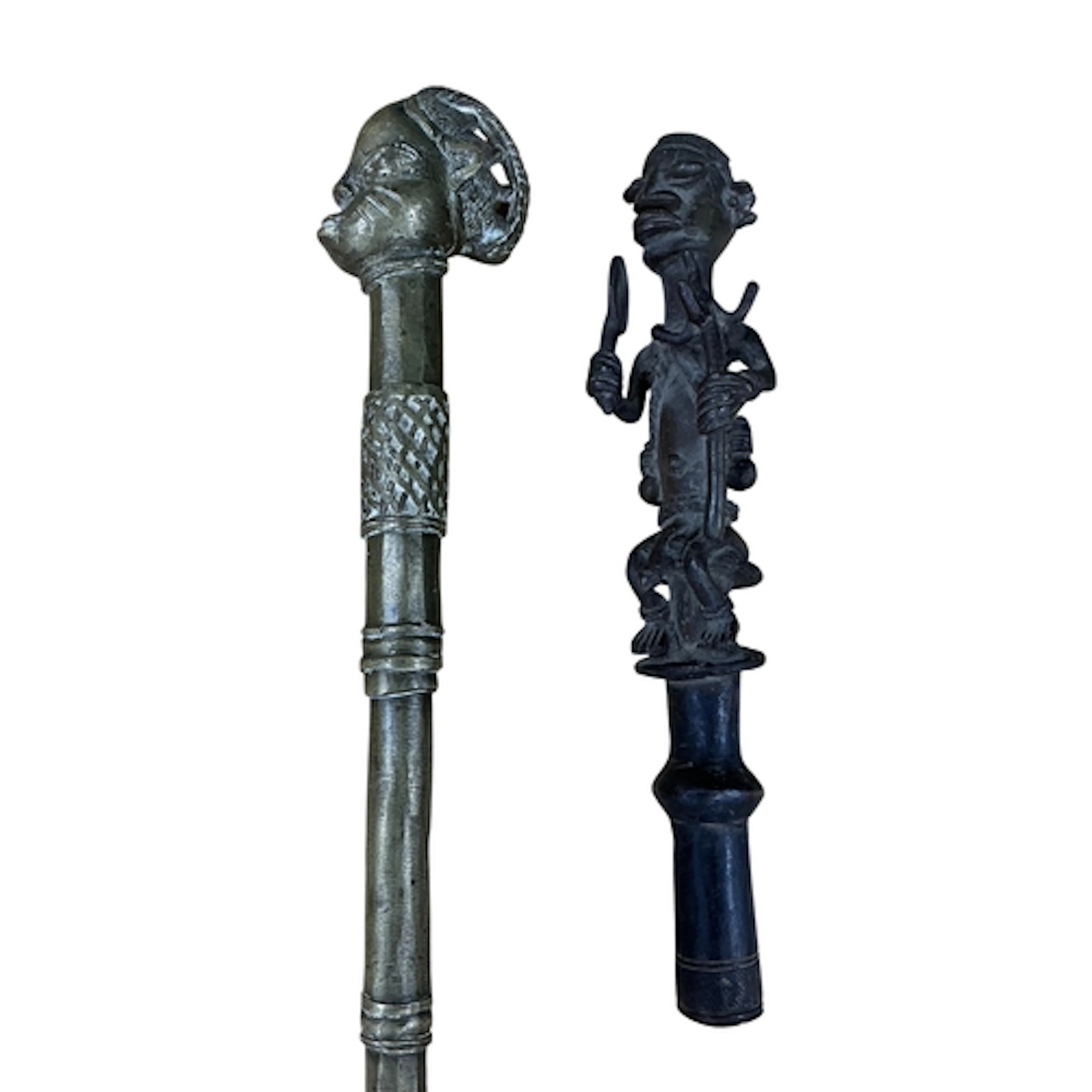 A Yoruba bronze figural staff top, 19th century, and a later...