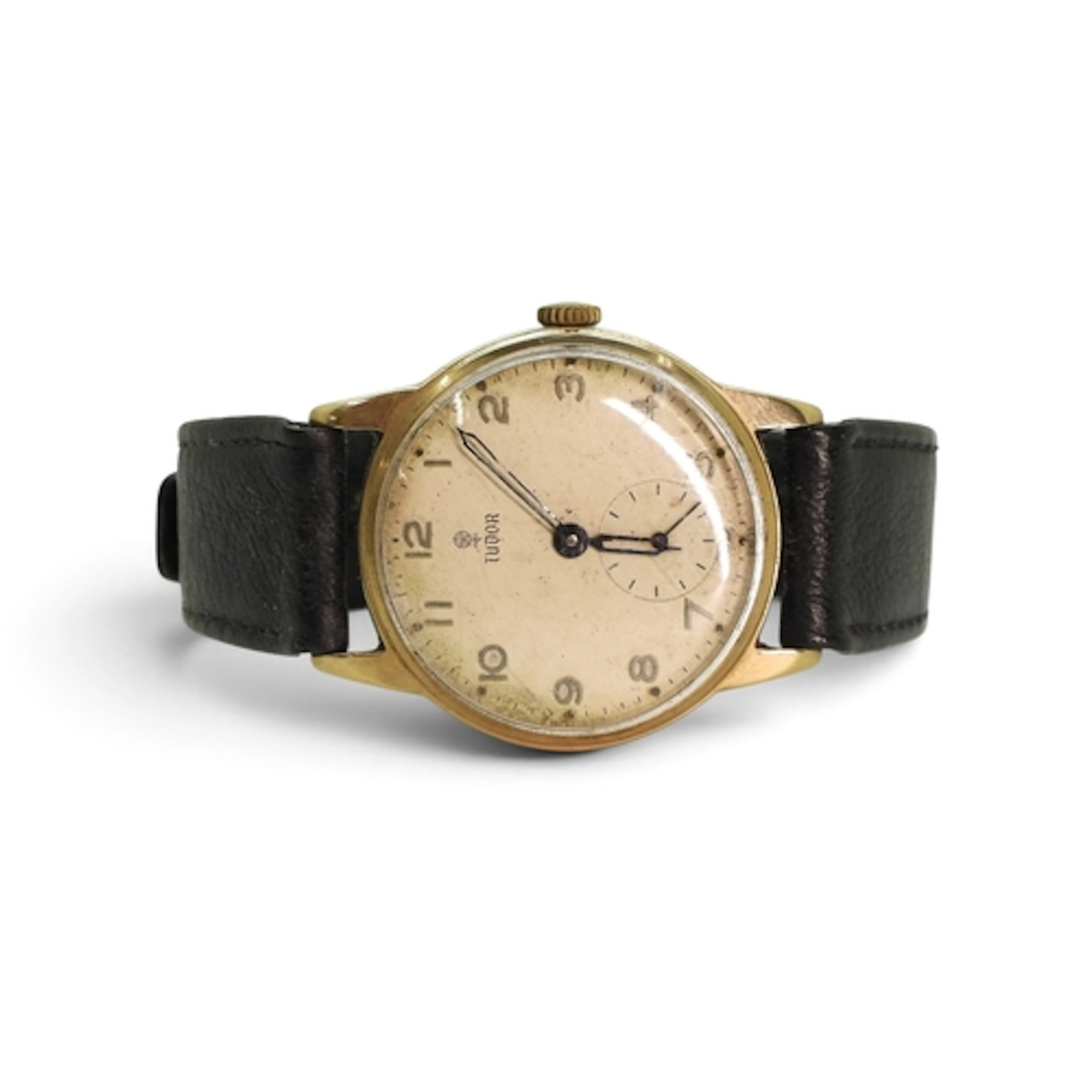 A 9CT GOLD TUDOR WATCH with cream patinaed dial silvered Ara...