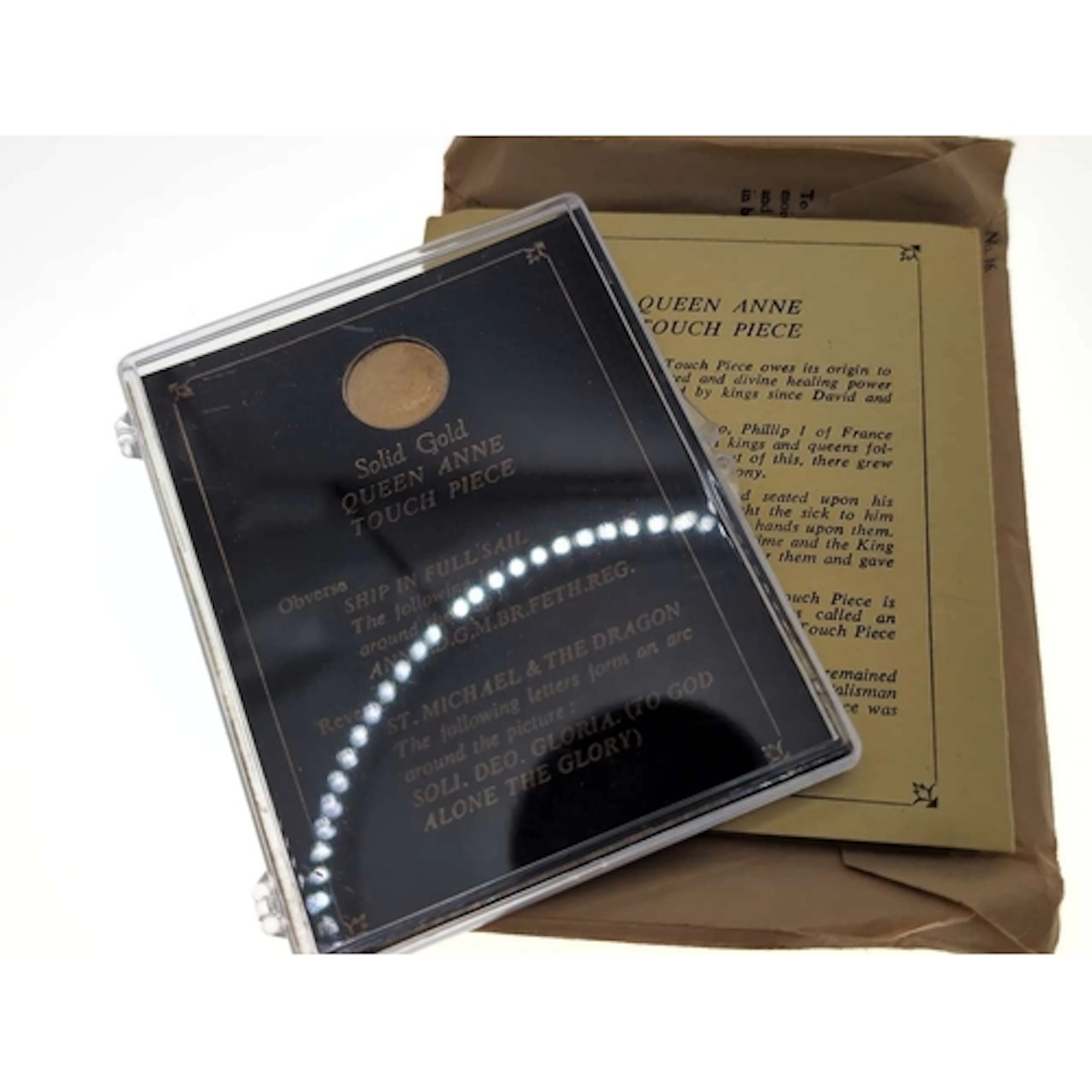 9ct gold Queen Anne Touch Piece replica coin, minted by John...