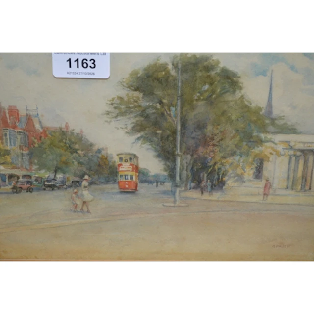 Arthur L. Hewlett, watercolour, street scene with figures an...