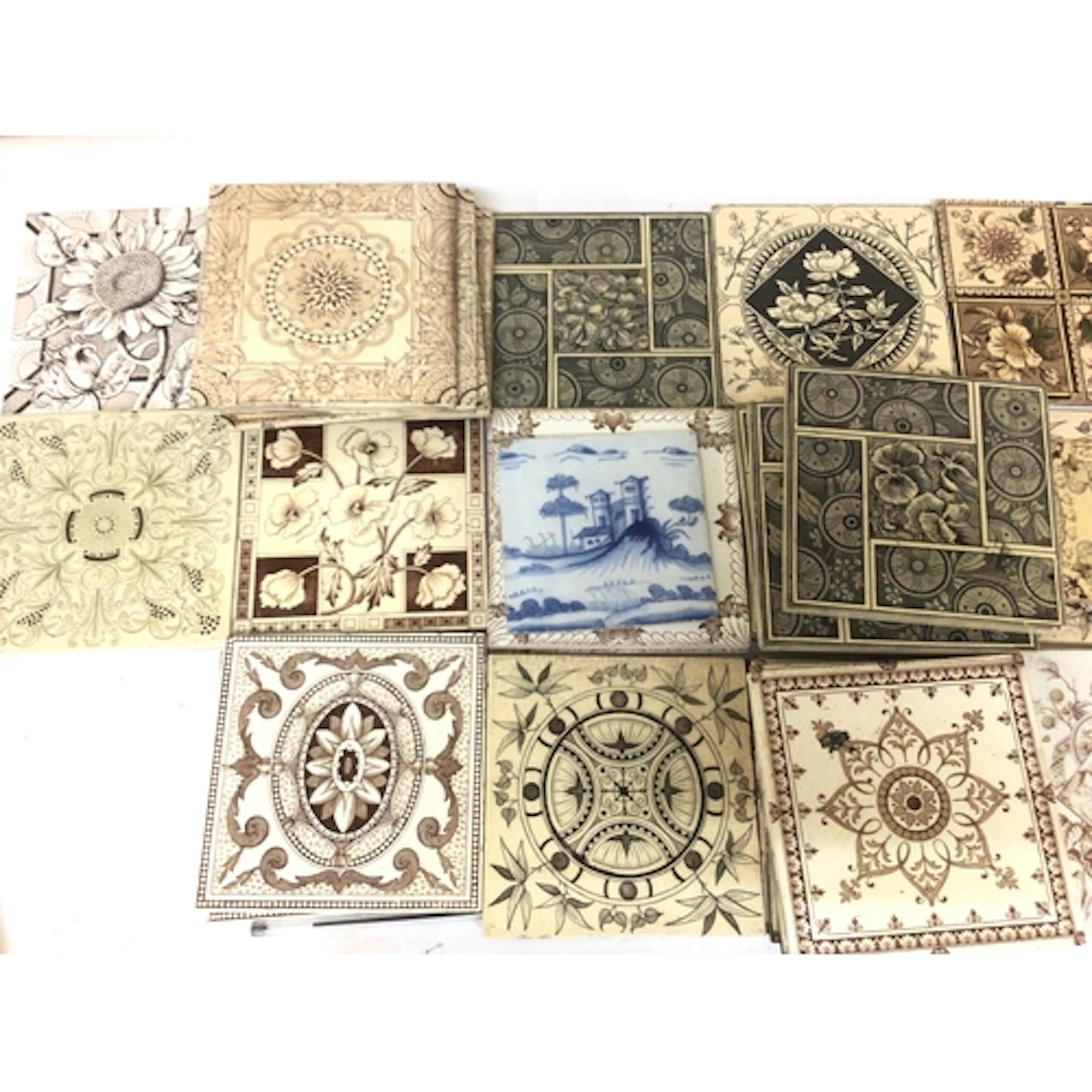A Collection of Victorian Ceramic tiles mixed patterns inclu...