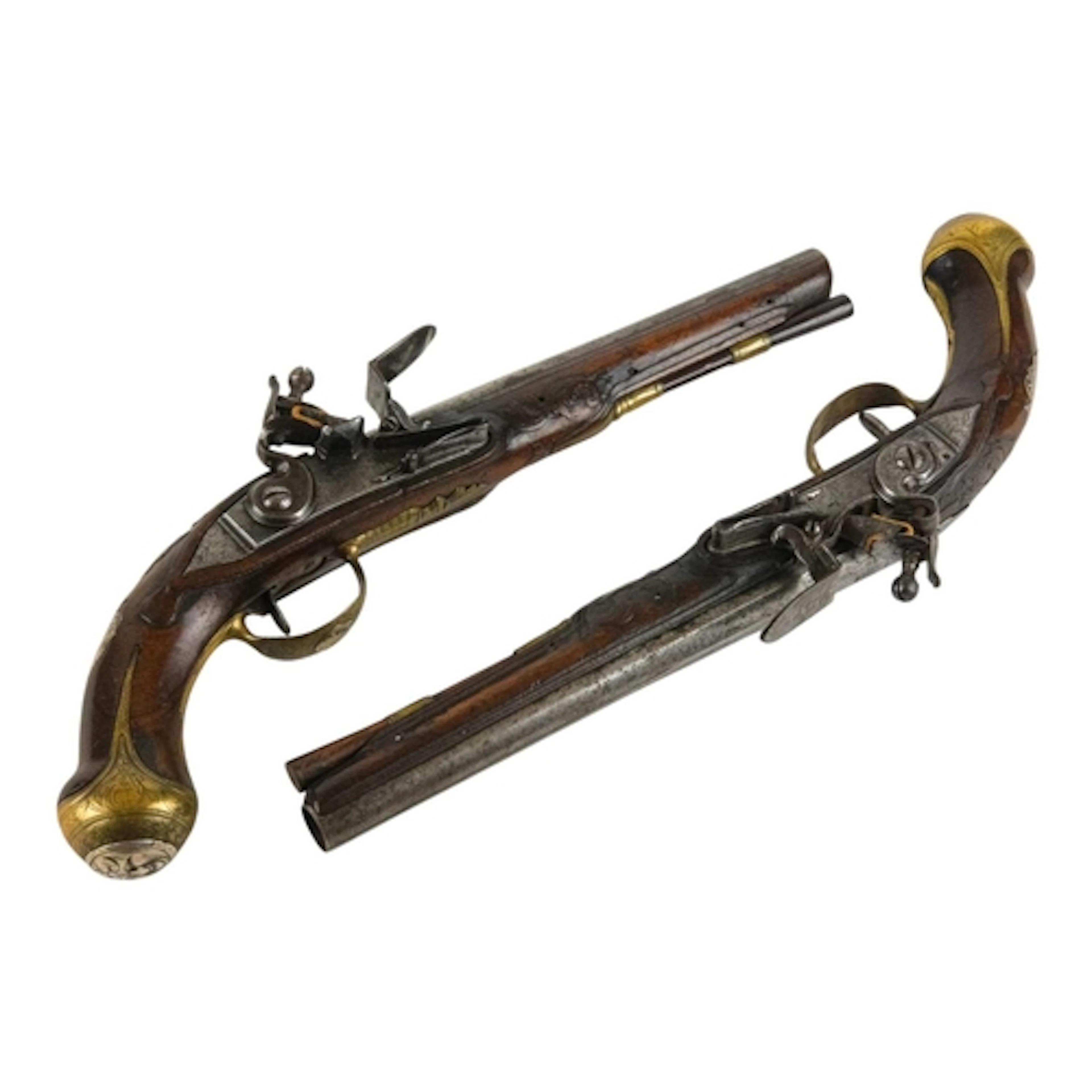 An interesting pair of Italian walnut flintlock pistols. 18t...