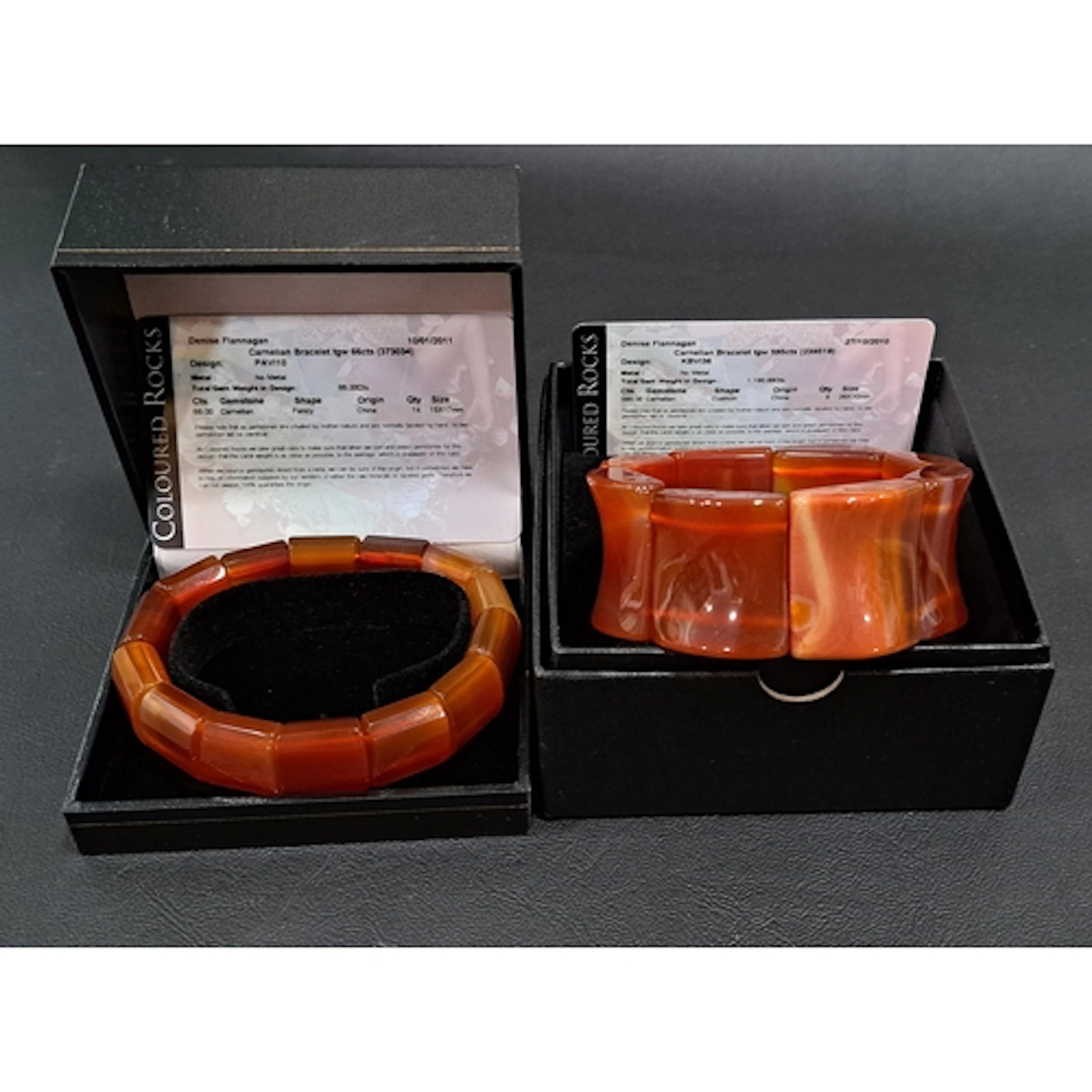 TWO CERTIFIED CARNELIAN BRACELETS one 595cts and the other 6...