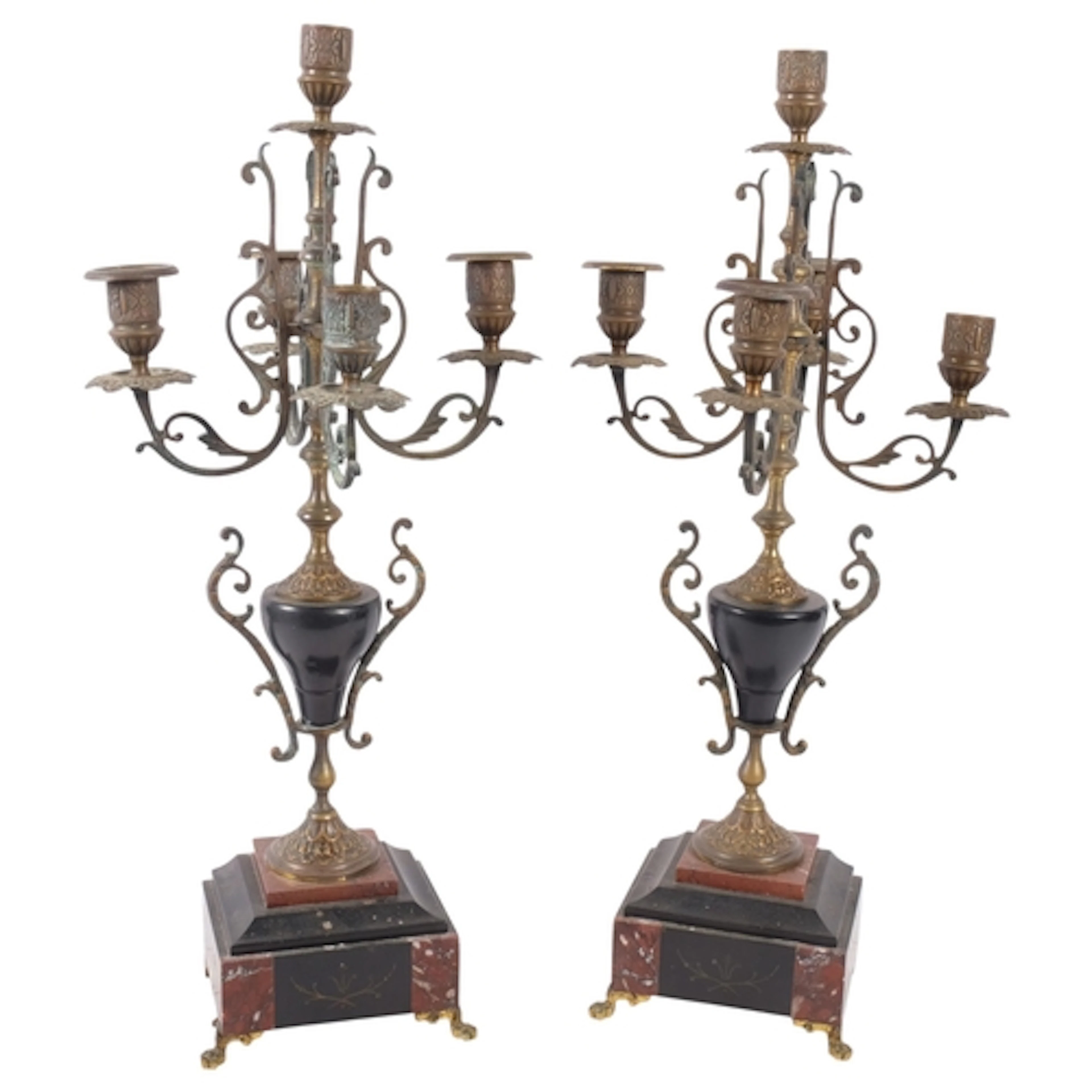 A pair of Victorian scrolled brass and two-colour marble 4-b...