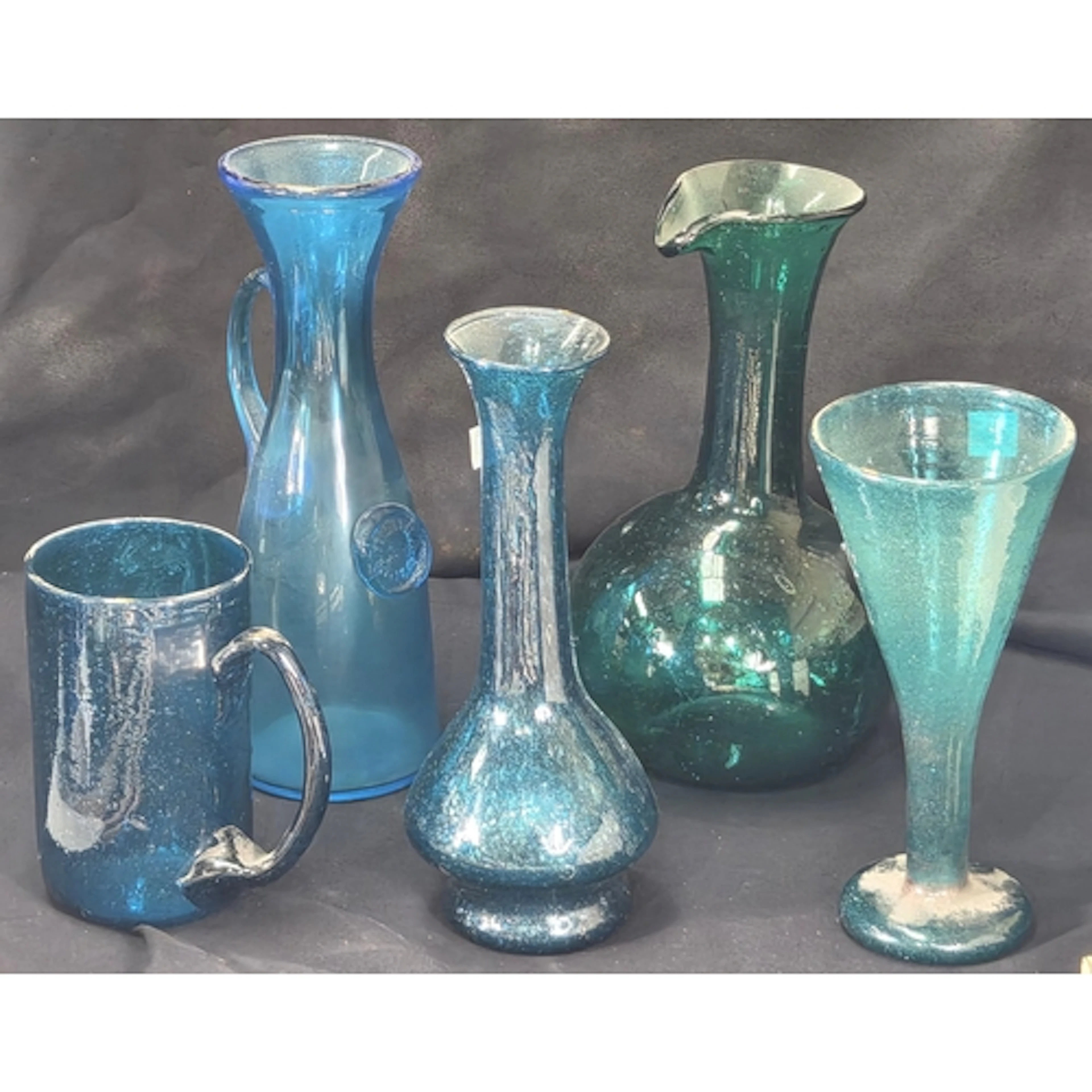 A selection of vintage hand blown glass items, including jug...