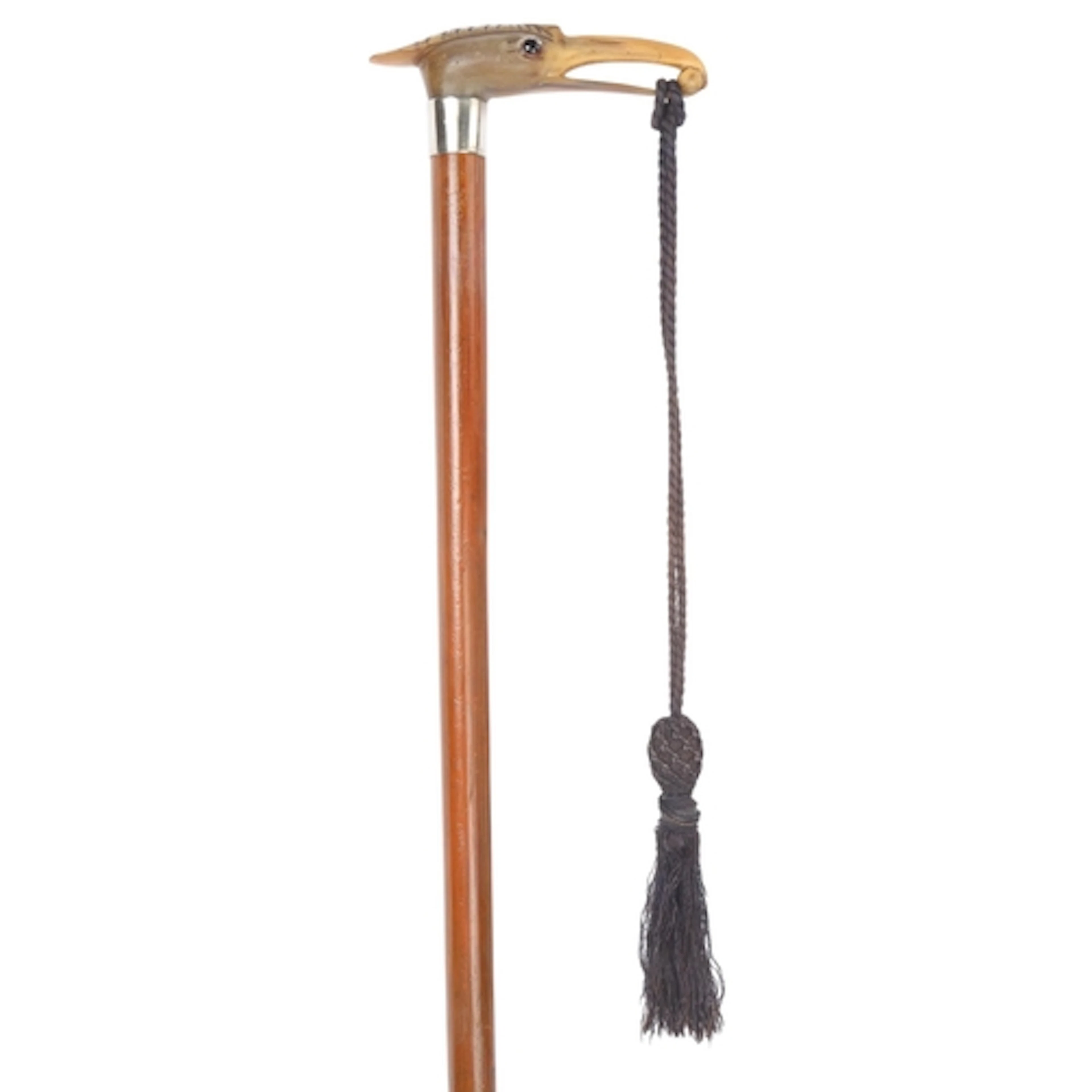 A Post-War scarf-holder cane, the horn handle carved as the ...