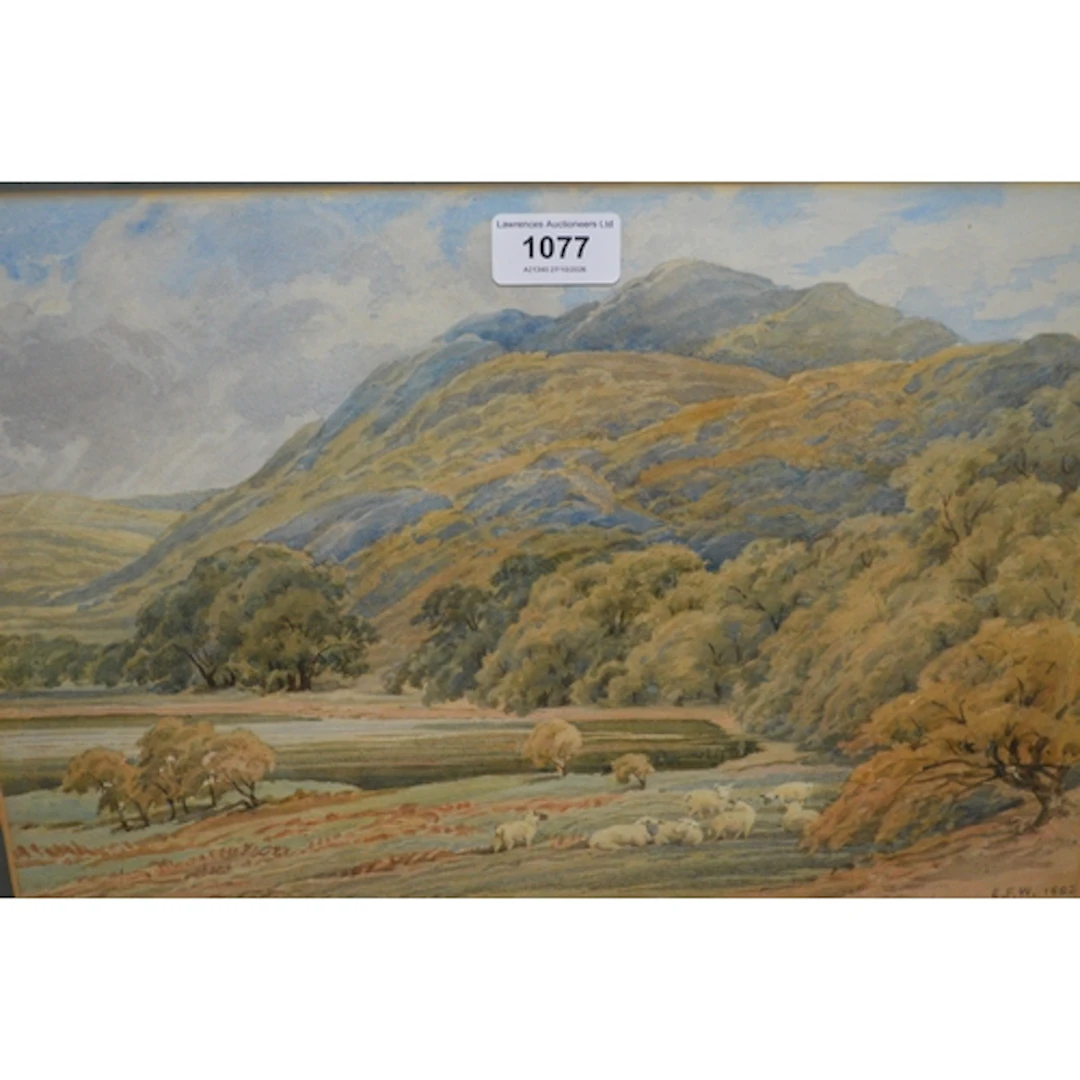 Watercolour, sheep in a landscape, signed with initials E. F...