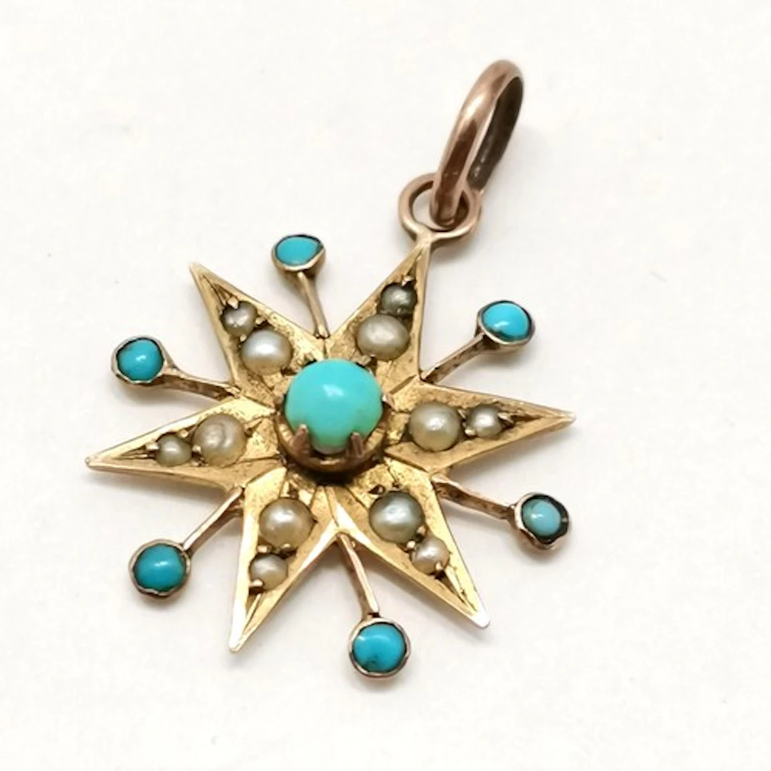 Antique 9ct marked gold turquoise & seed pearl set star pend...
