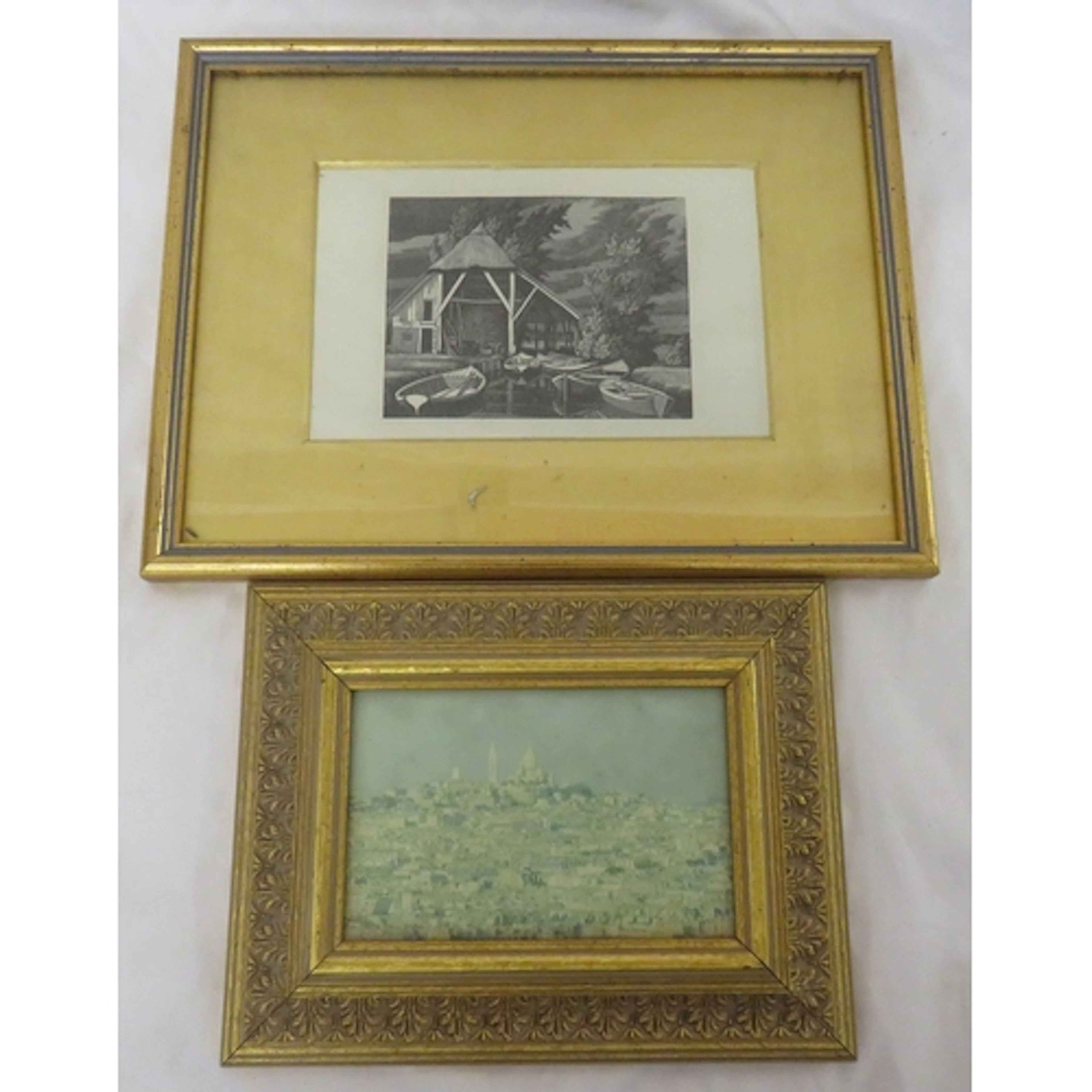 F/g Monochrome Print, rowing boat by a barn & F/g print city...