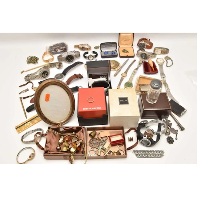 ONE BOX OF JEWELLERY AND WATCHES, to include a small glass j...