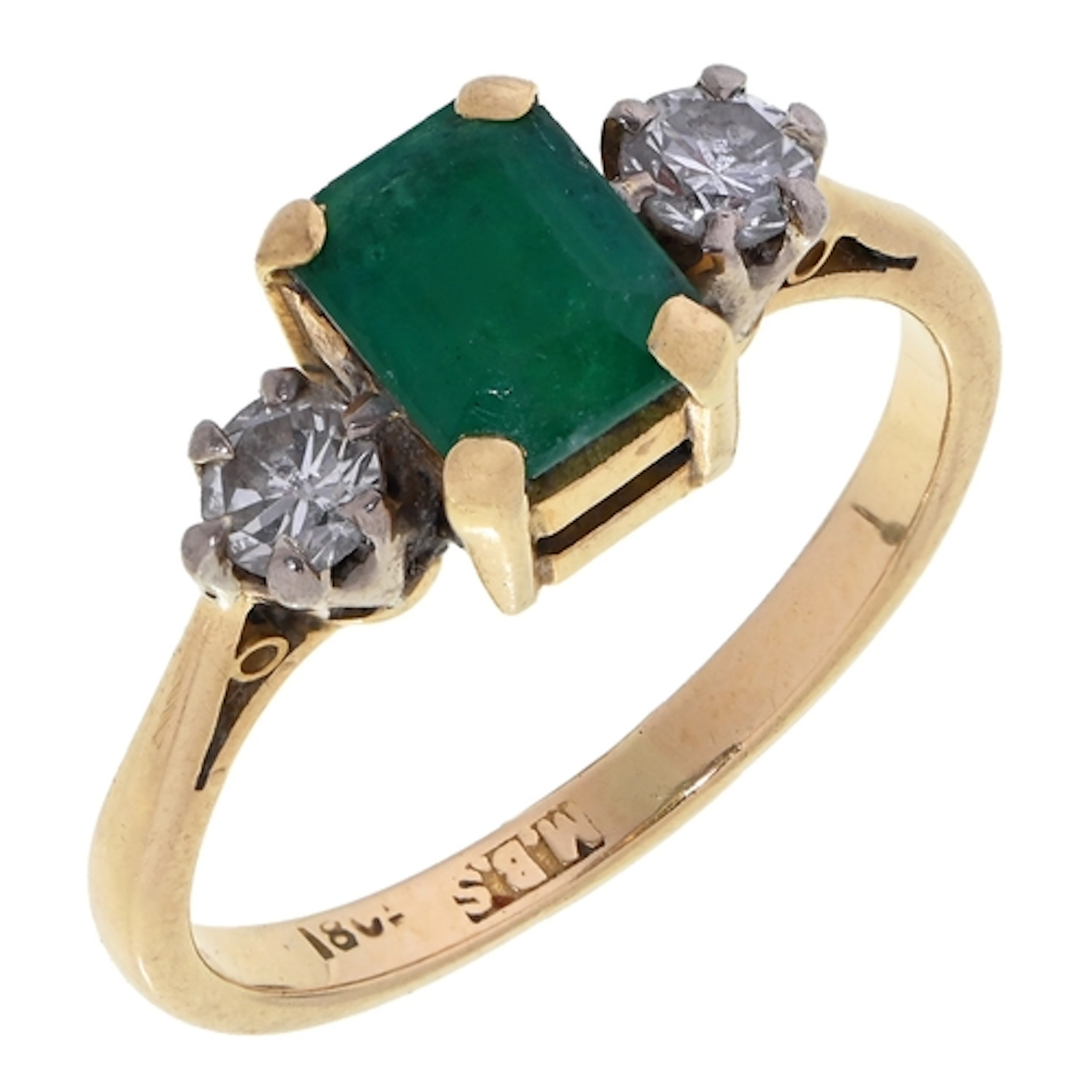 An emerald and diamond ring, in gold marked 750, 3g, size J...