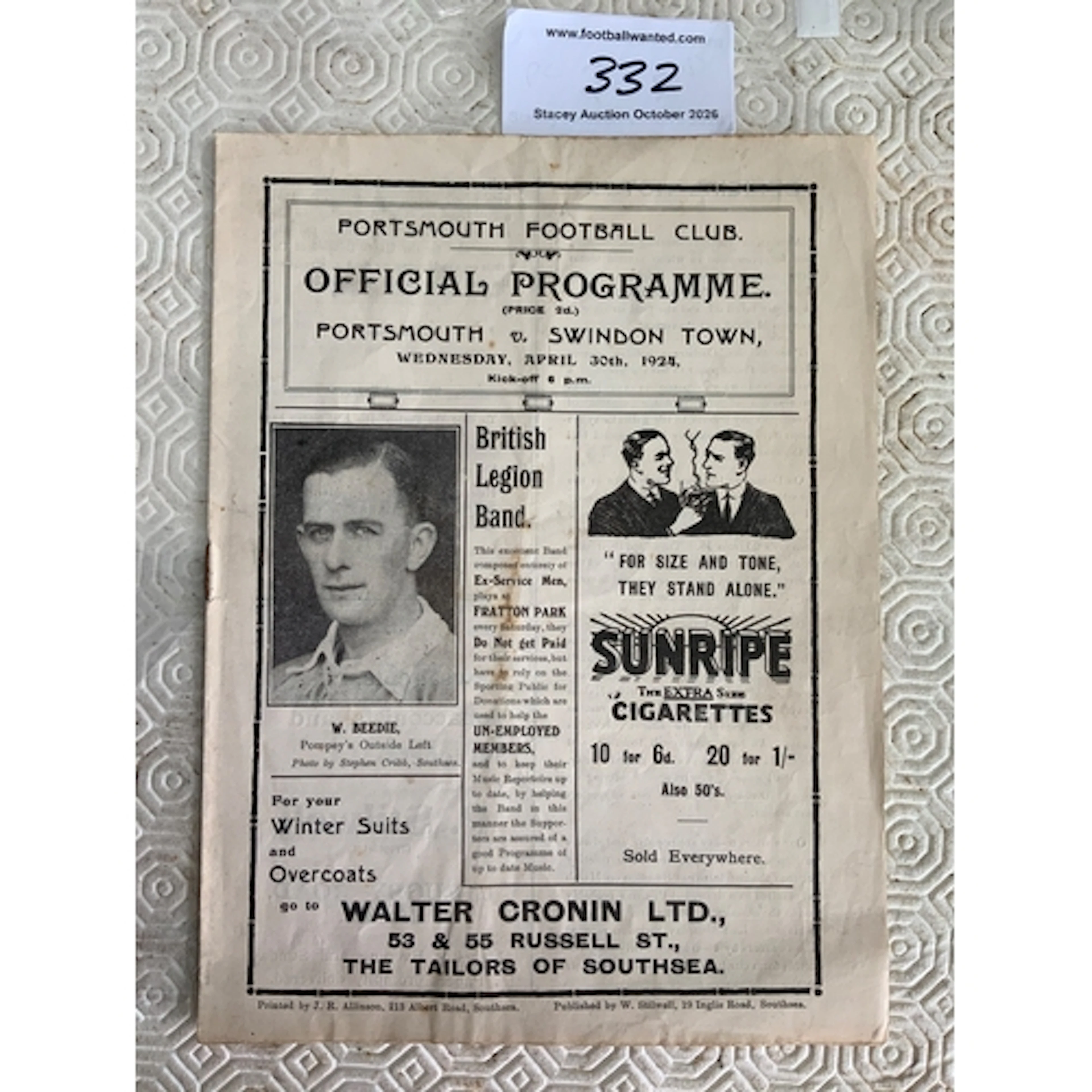 1923 - 1924 Portsmouth v Swindon Town Football Programme: Go...
