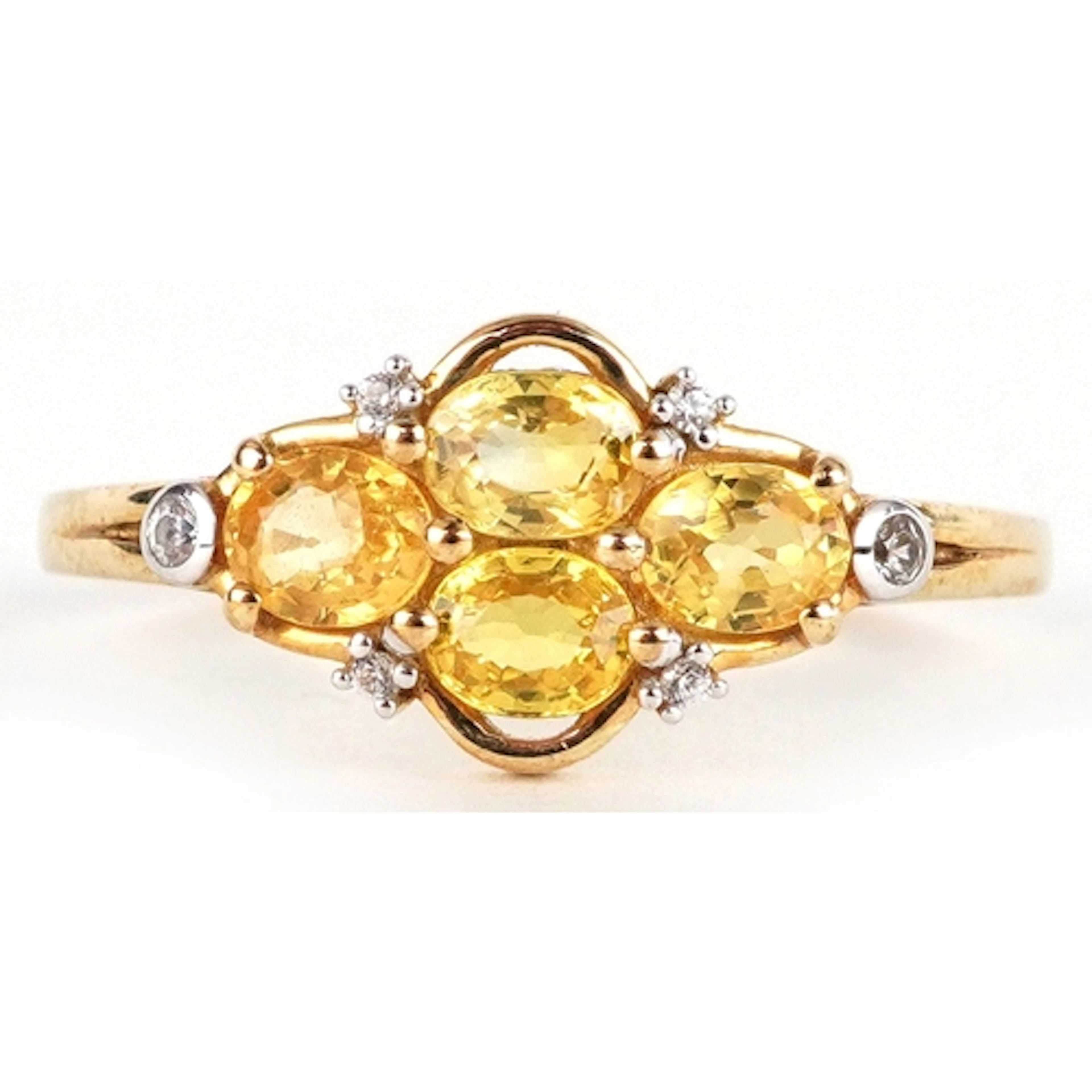 9ct gold citrine and diamond cluster ring, size R, 2.7g.