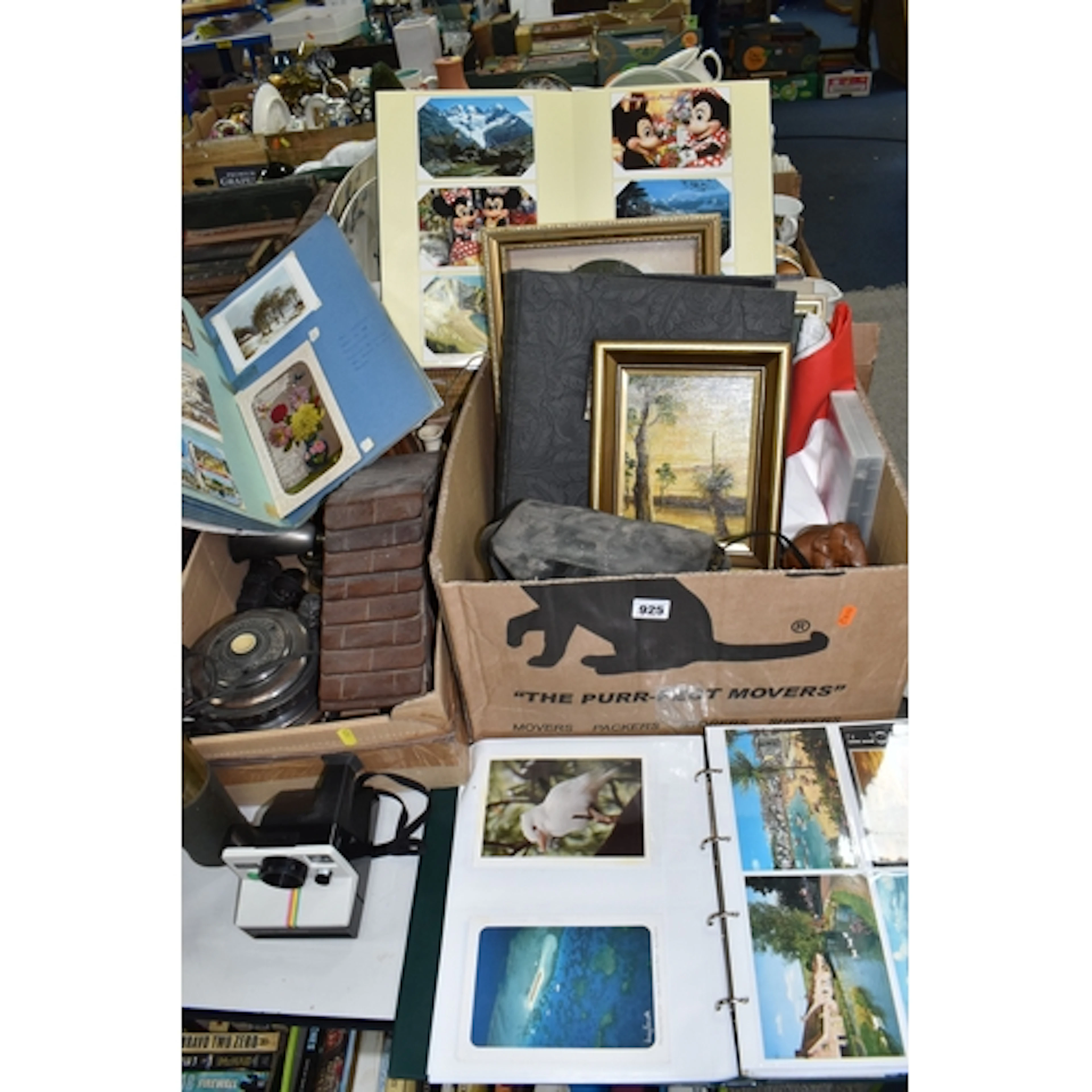 TWO BOXES AND LOOSE TELESCOPE, COW BELL, POSTCARDS AND SUNDR...